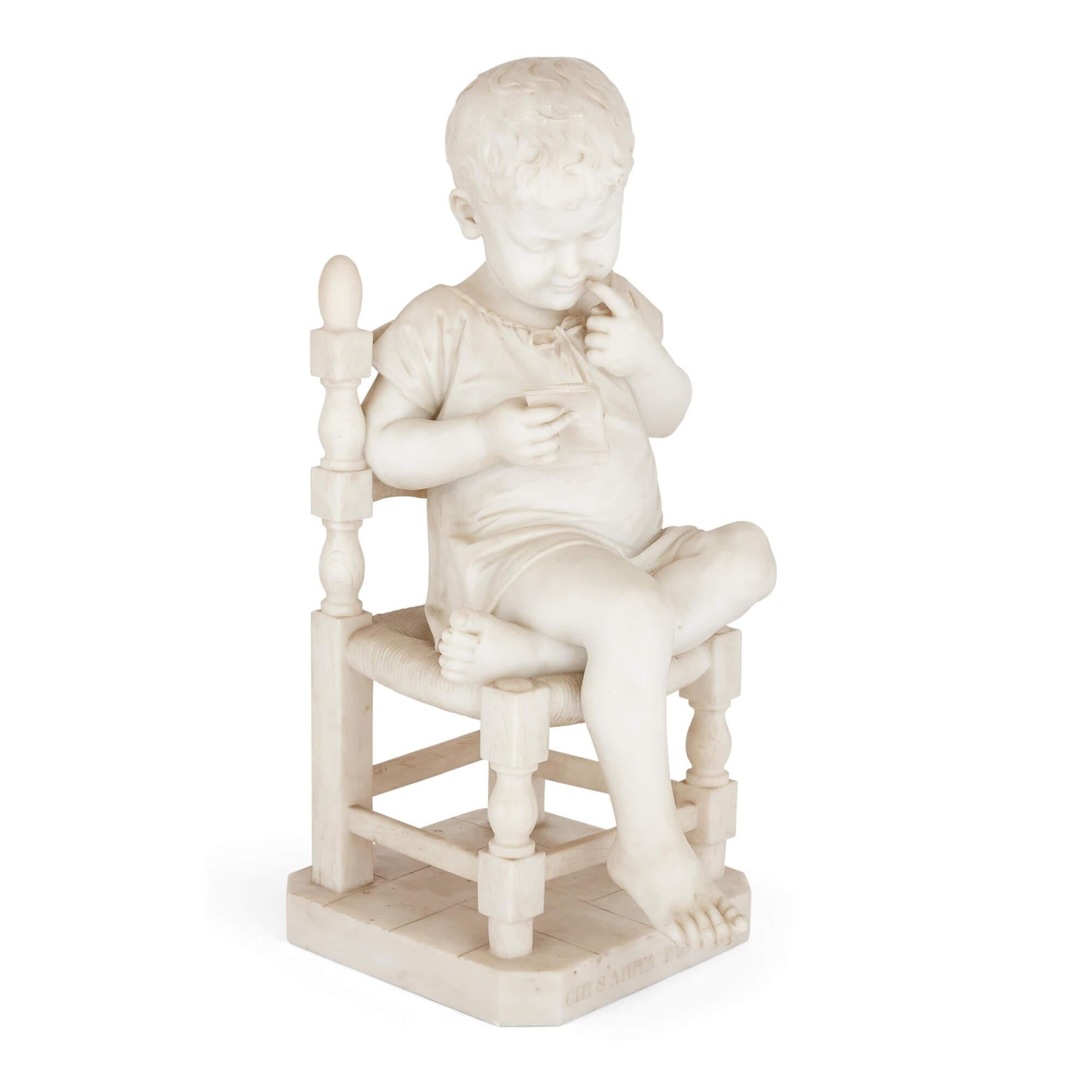 Very Rare Pair of Marble Sculptures of Seated Children by Cesare Lapini In Good Condition For Sale In London, GB