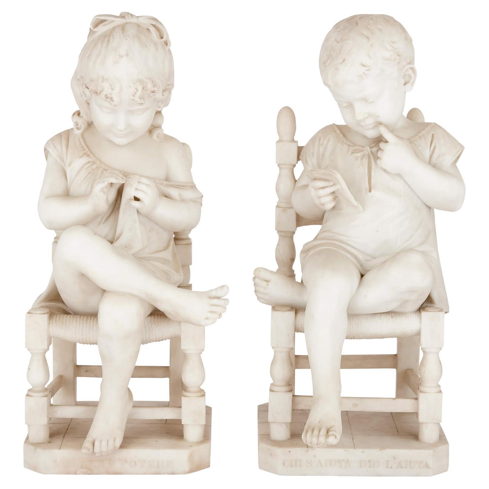 Very Rare Pair of Marble Sculptures of Seated Children by Cesare Lapini