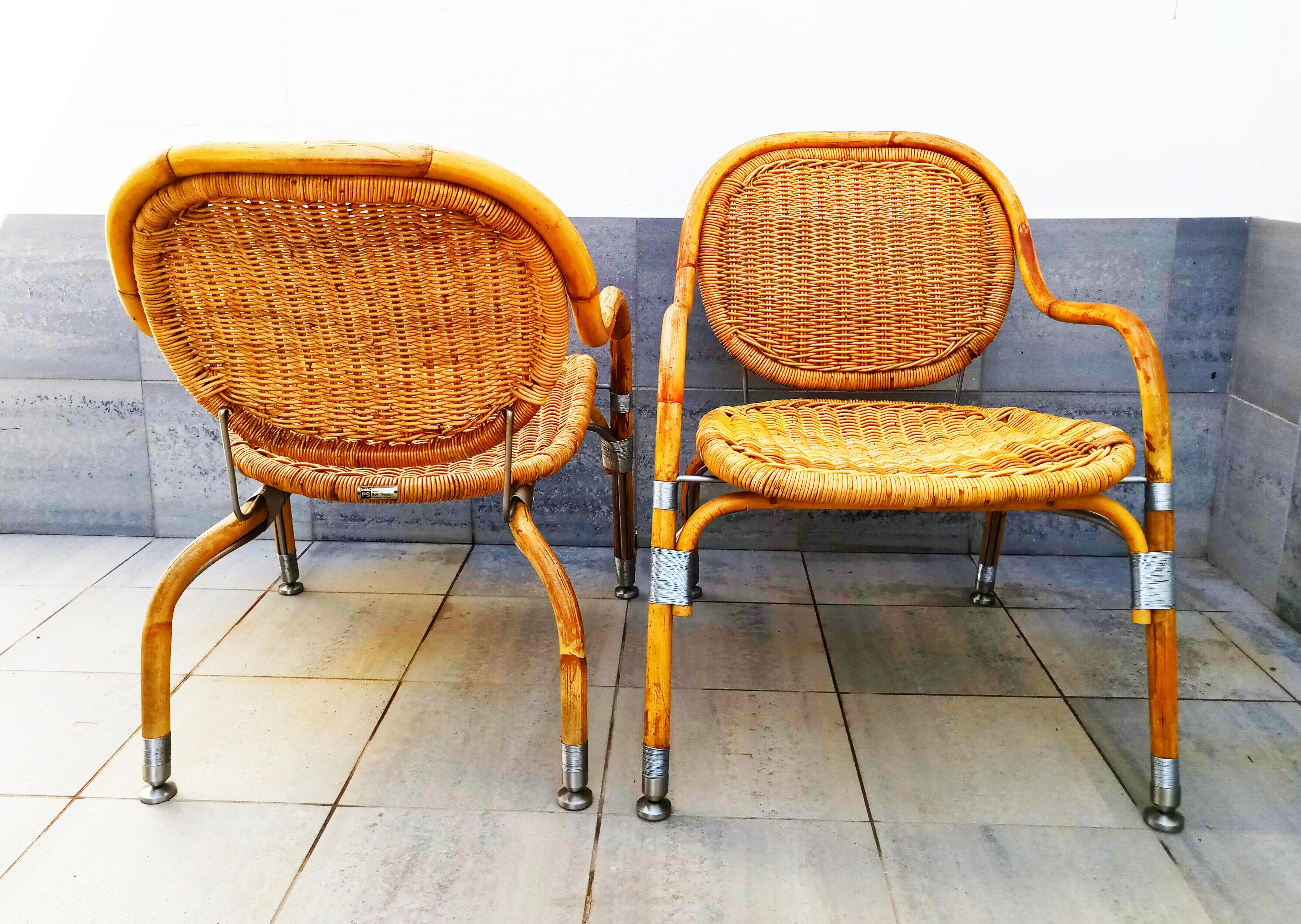 Very Rare Pair of Mats Theselius Rattan and Steel Armchairs for Ikea 2
