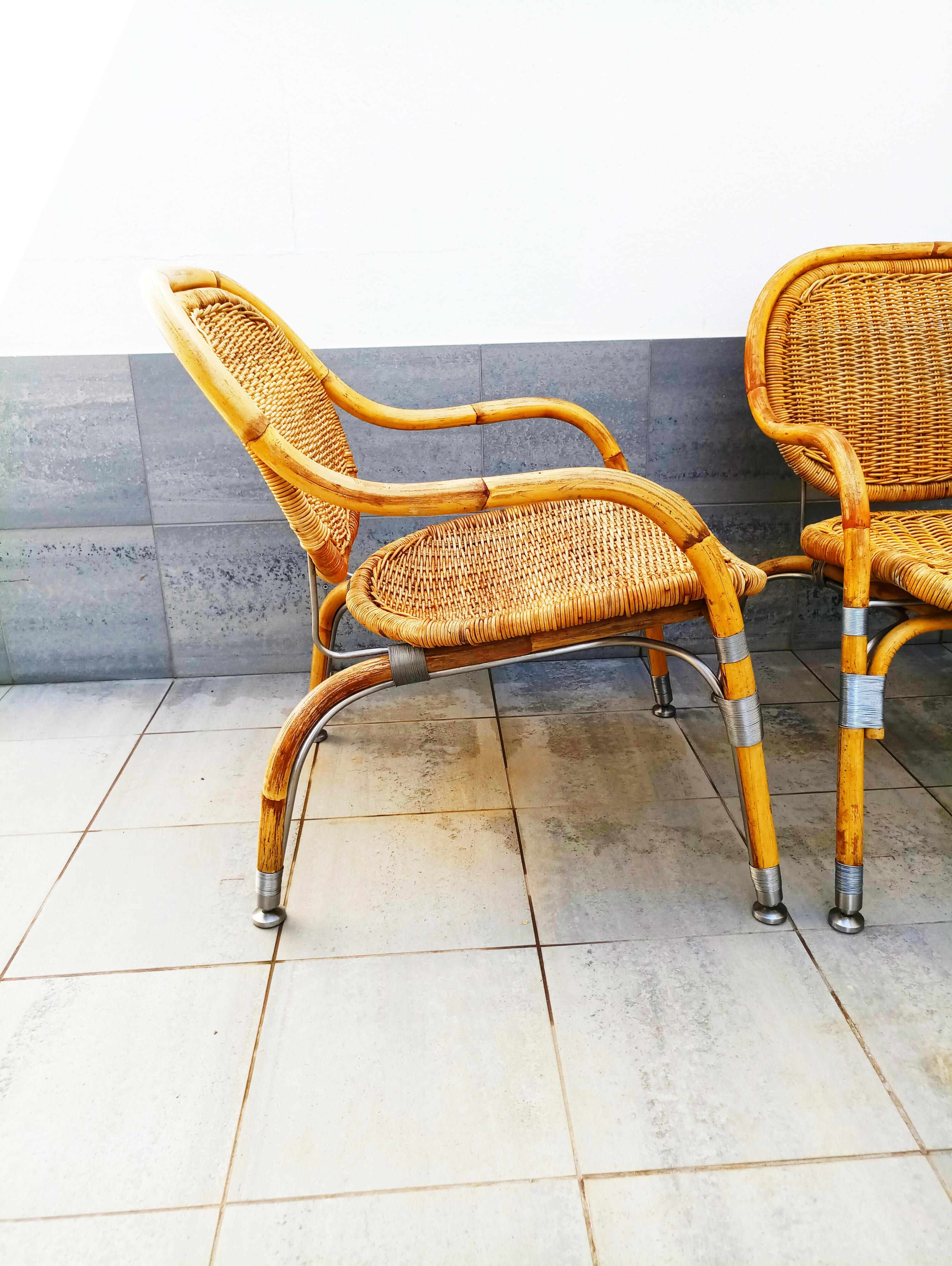 Very rare pair of Mats Theselius rattan and brushed steel armchairs for Ikea. Marked Ikea PS, Unlimited Editon and produced in the early 2000s. This model of armchairs designed by Mats Theselius was a real Challenge of realization and production for