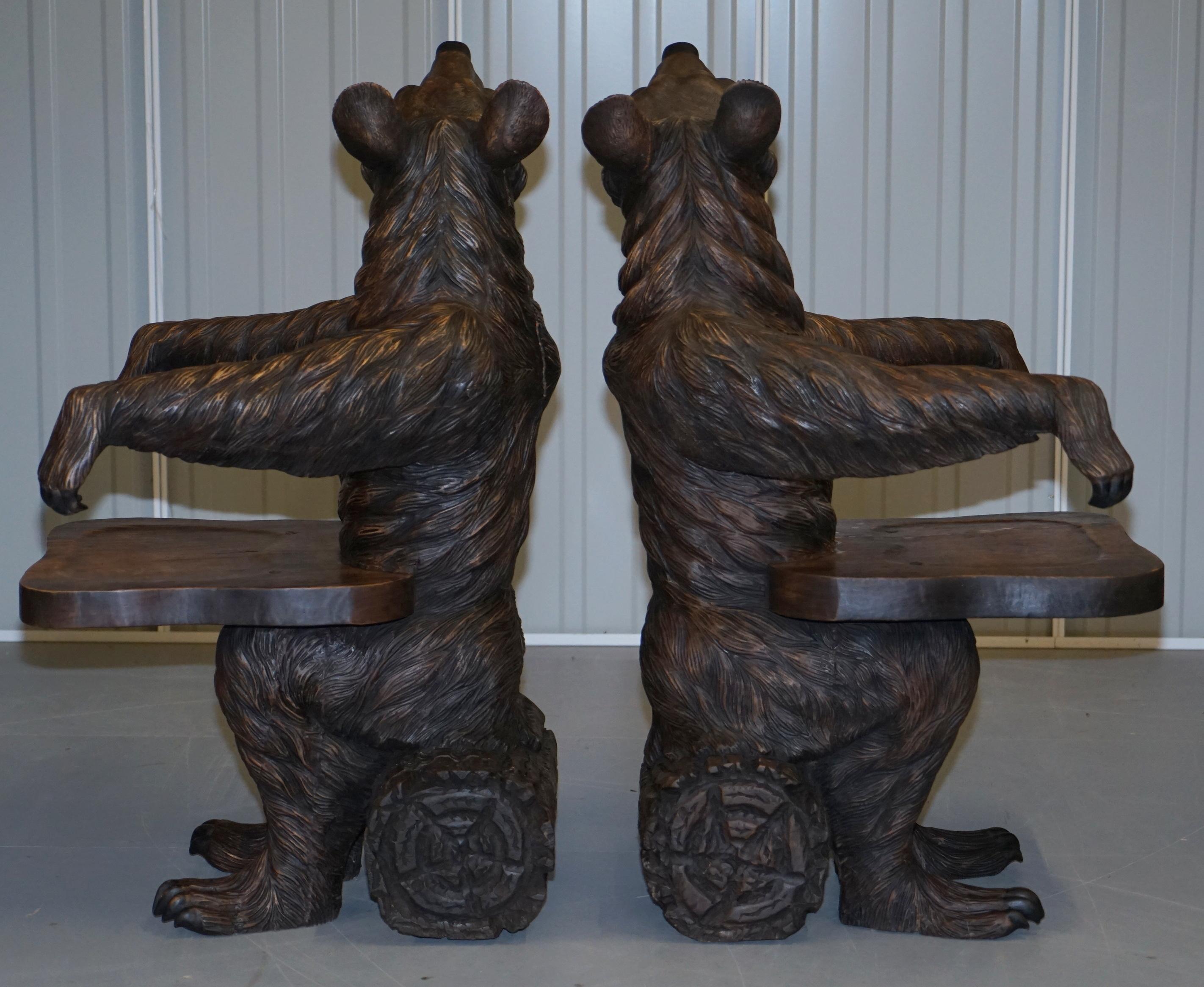 Very Rare Pair of Original Early 20th Century Black Forest Wood Bear Armchairs 8