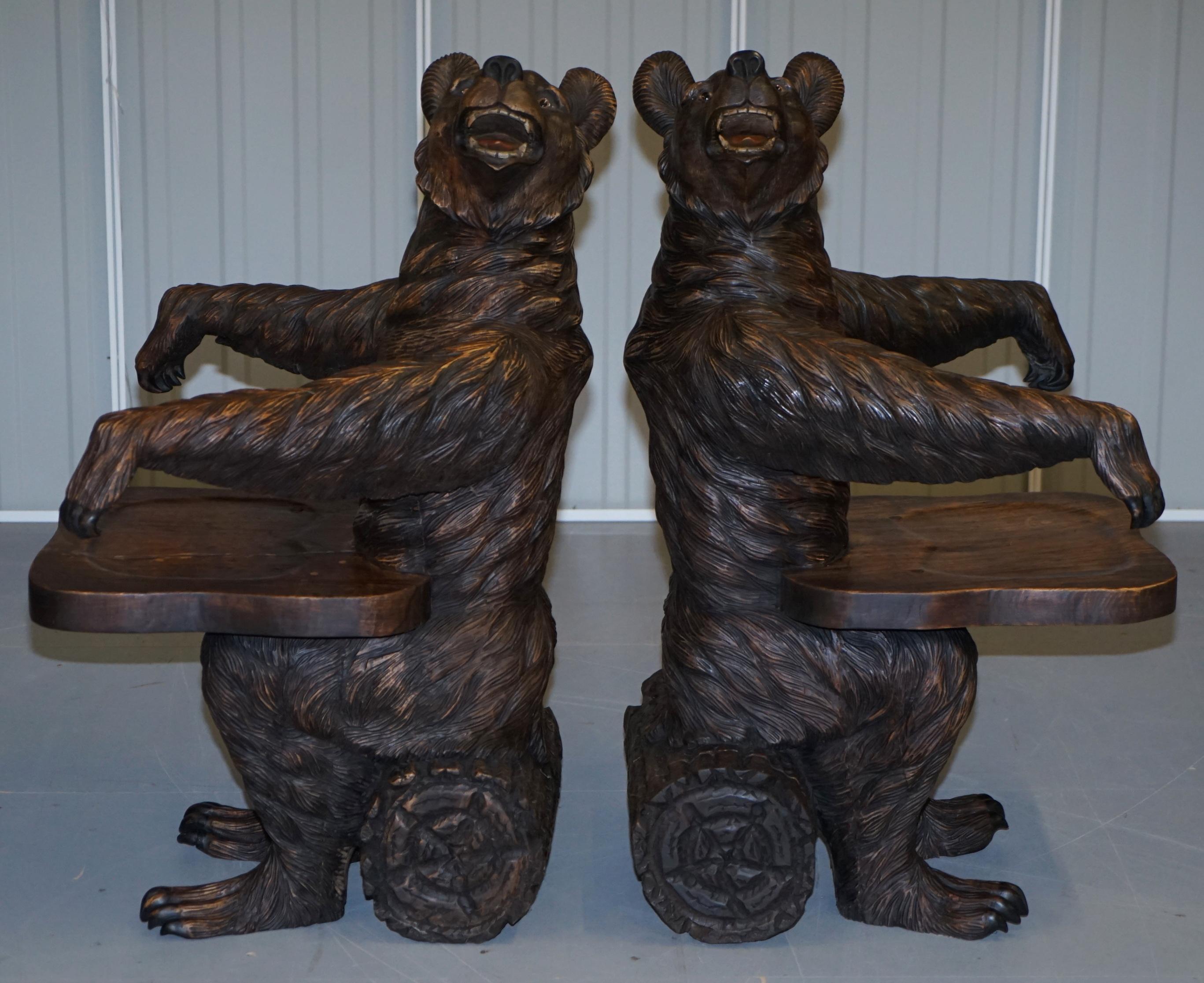 Very Rare Pair of Original Early 20th Century Black Forest Wood Bear Armchairs 9
