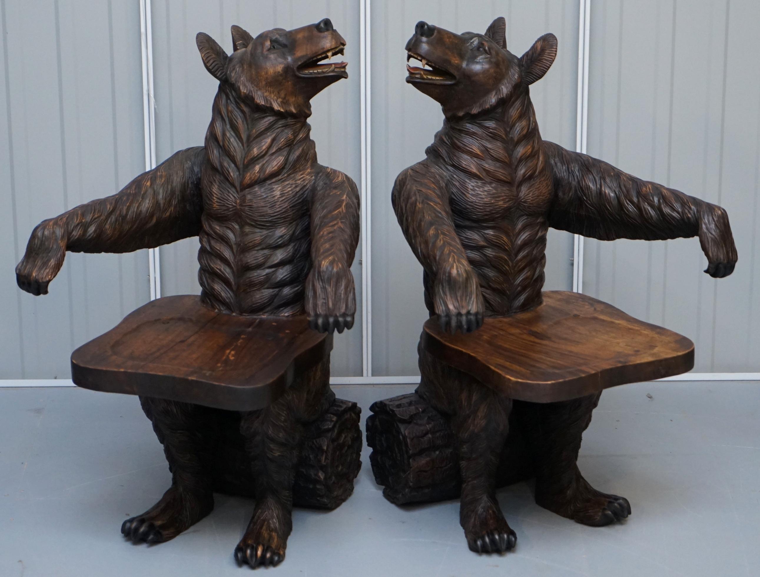 We are delighted to offer for sale this stunning and exceptionally rare pair of original hand carved in Black Forest wood very large Bear armchairs

A collectable and signature pair of art furniture armchairs. Black forest wood seating almost