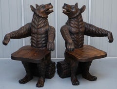 Very Rare Pair of Original Early 20th Century Black Forest Wood Bear Armchairs
