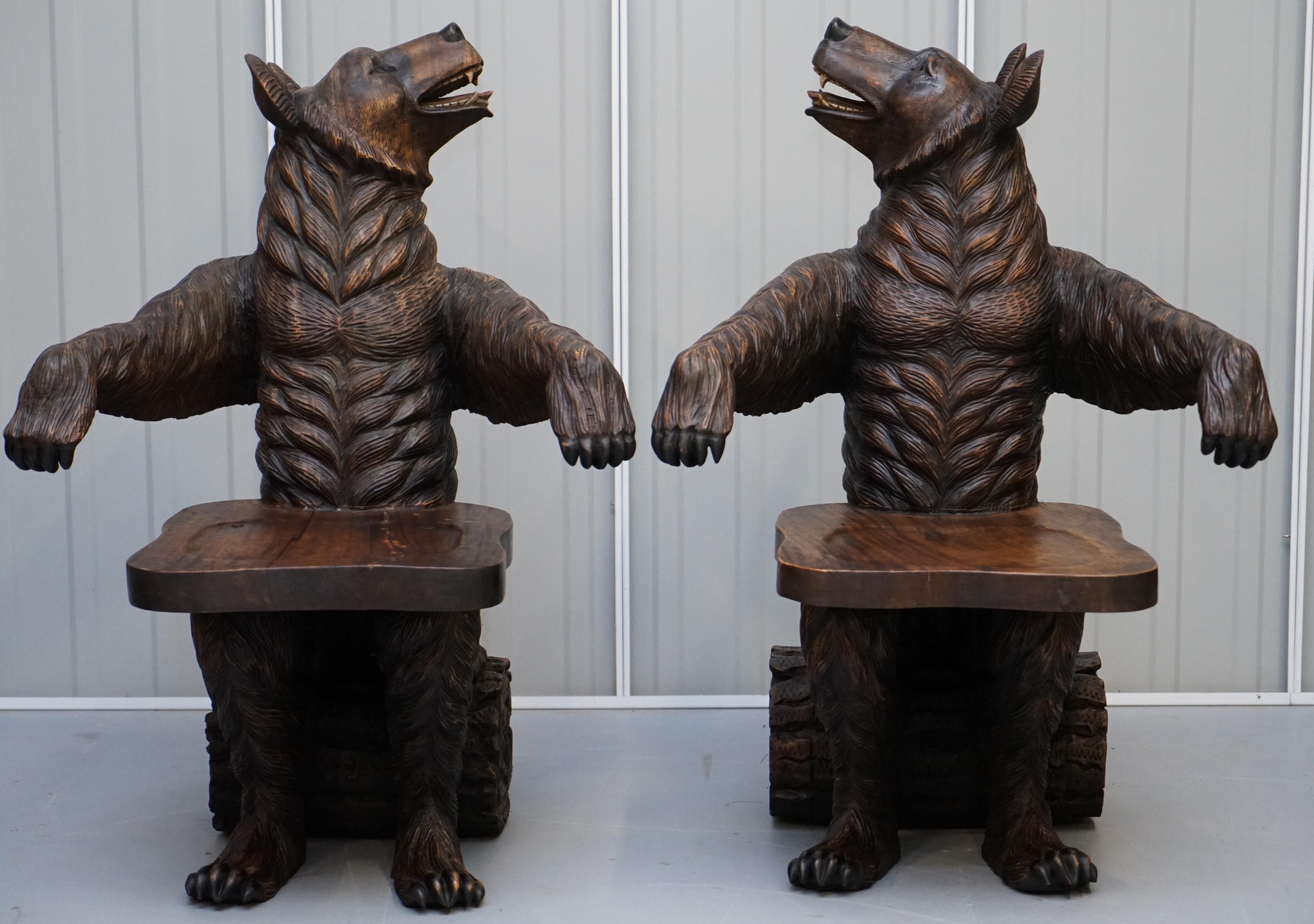 Swiss Very Rare Pair of Original Early 20th Century Black Forest Wood Bear Armchairs
