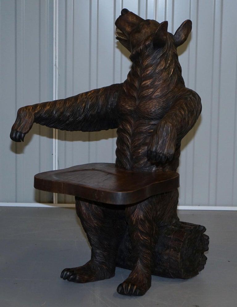 Hand-Carved Very Rare Pair of Original Early 20th Century Black Forest Wood Bear Armchairs For Sale