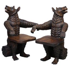 Very Rare Pair of Original Early 20th Century Black Forest Wood Bear Armchairs