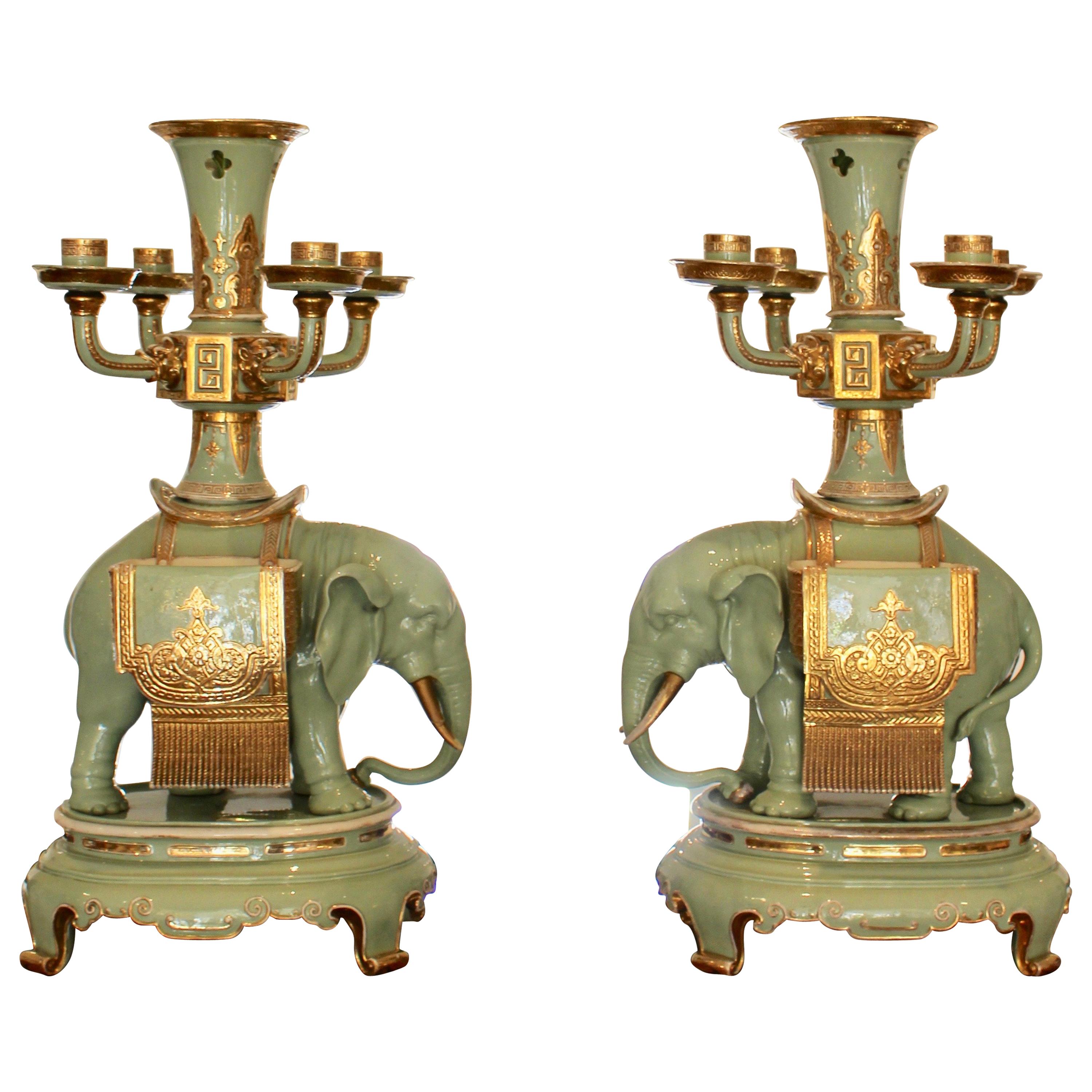 Very Rare Pair of Porcelain Elephant Candelabras