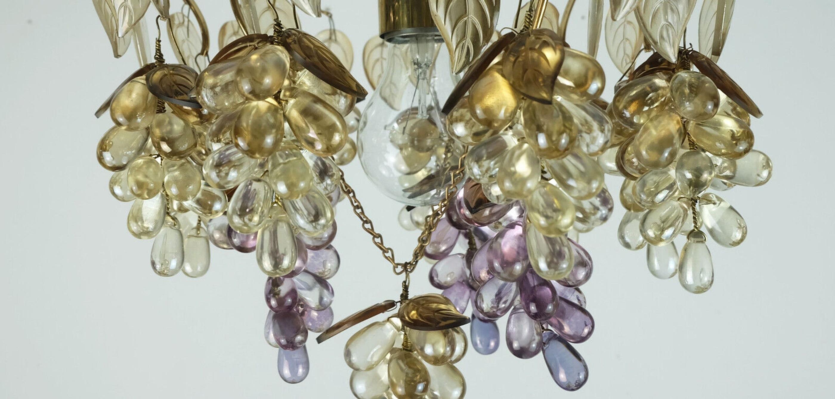 very rare palwa CHANDELIER 1970s crystal glass and gilted brass grapes and leave For Sale 4
