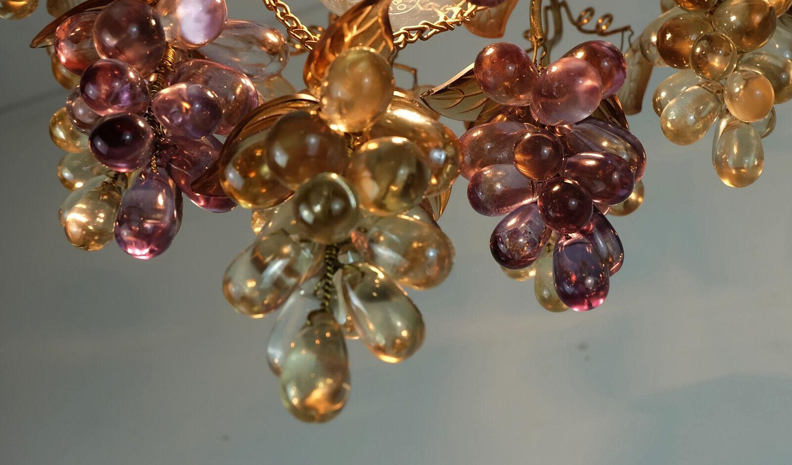 Mid-Century Modern very rare palwa CHANDELIER 1970s crystal glass and gilted brass grapes and leave For Sale