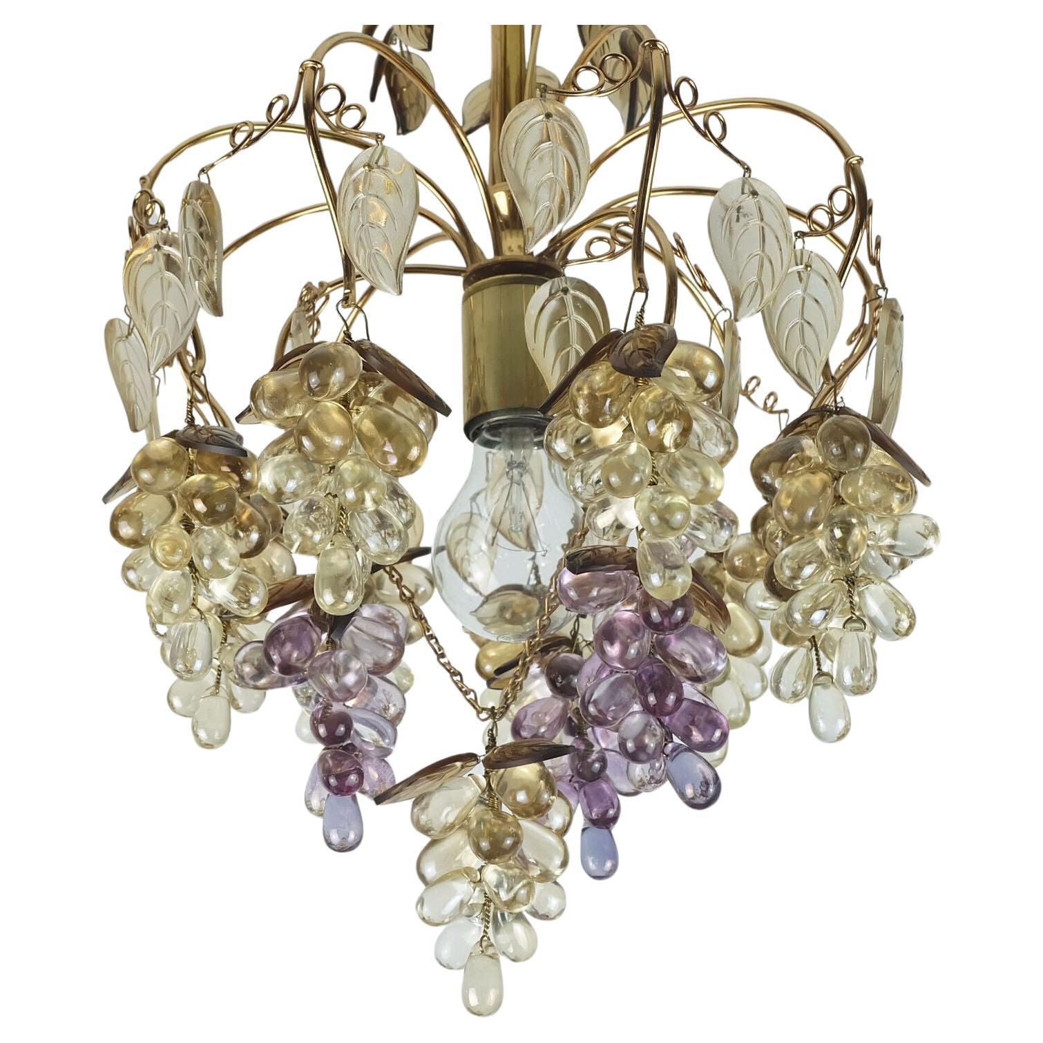 very rare palwa CHANDELIER 1970s crystal glass and gilted brass grapes and leave For Sale