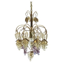 muy raro palwa CHANDELIER 1970s cristal de vidrio y latón dorado uvas y dejar