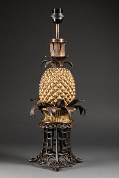 Very Rare Pineapple Lamp on a Wicker Basket with a Bronze Chinoiserie Base