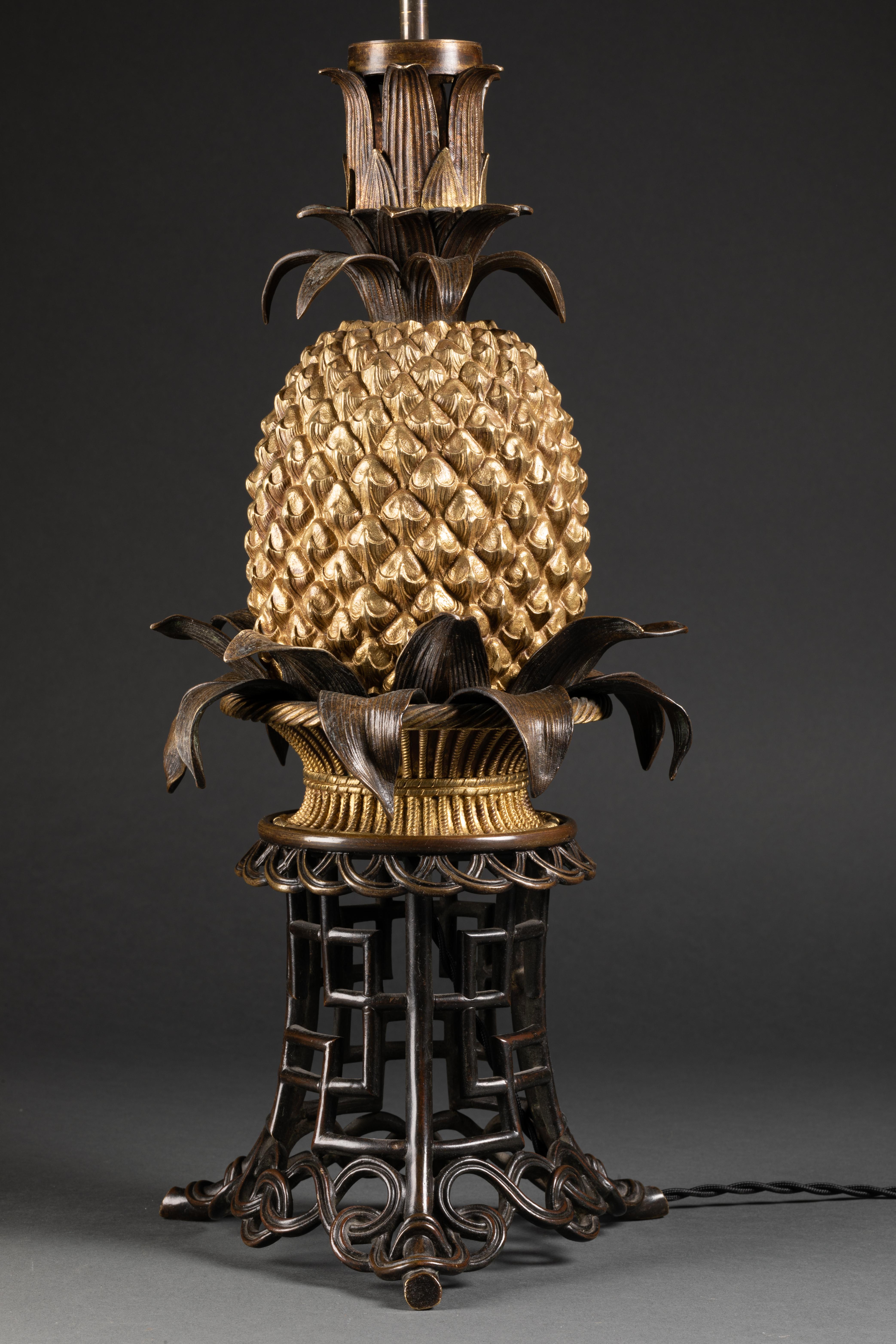 European Very Rare Pineapple Lamp on a Wicker Basket with a Bronze Chinoiserie Base
