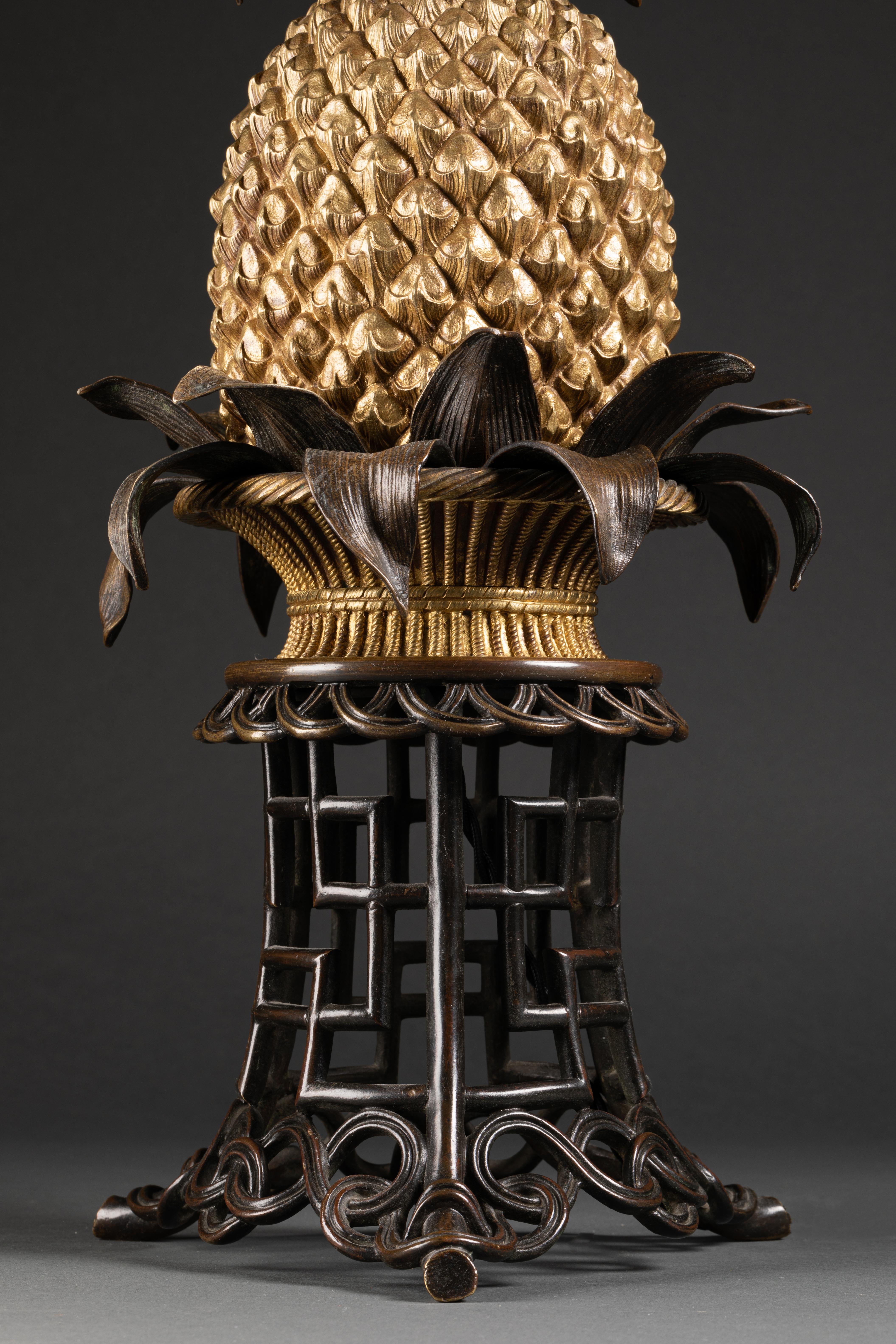 19th Century Very Rare Pineapple Lamp on a Wicker Basket with a Bronze Chinoiserie Base