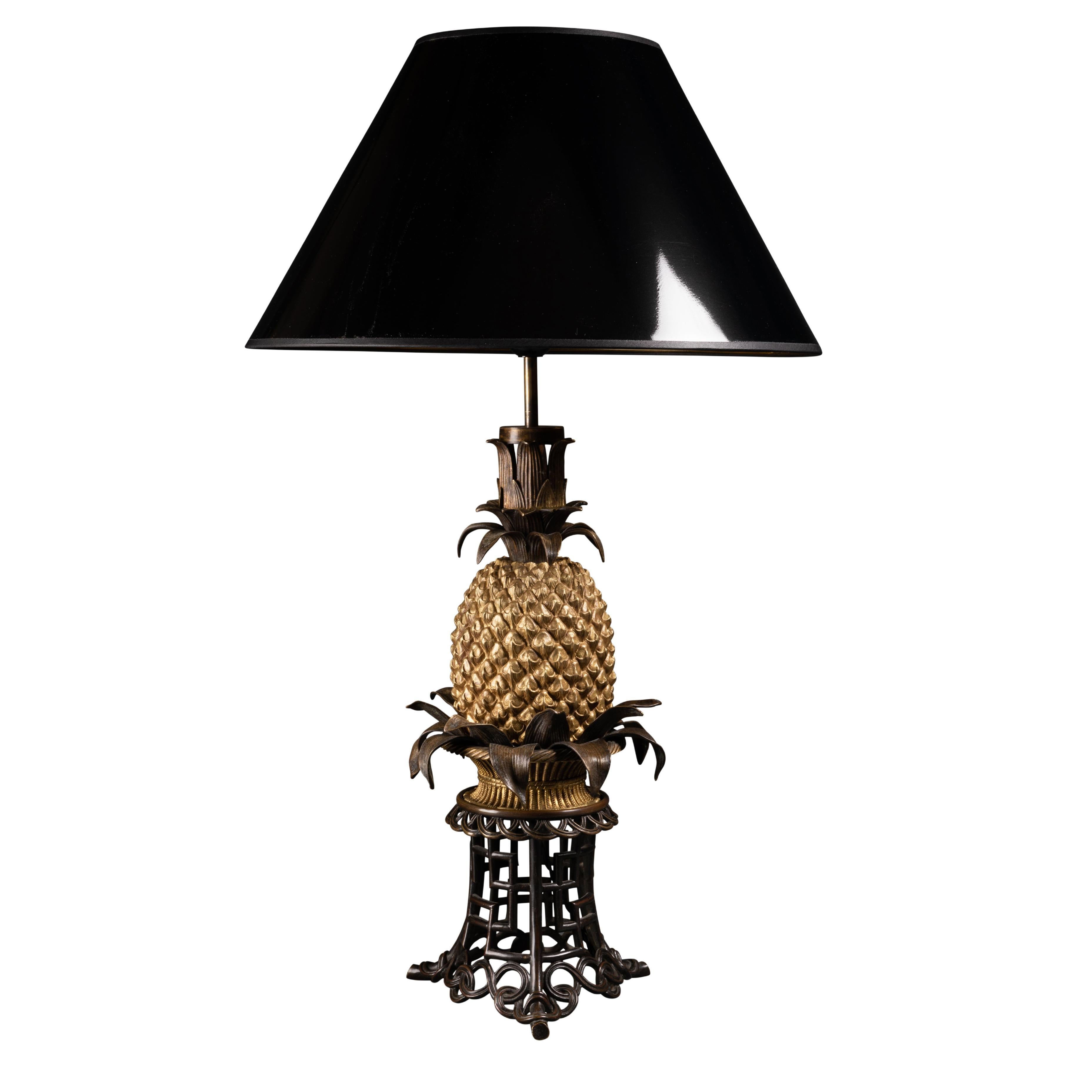 Very Rare Pineapple Lamp on a Wicker Basket with a Bronze Chinoiserie Base