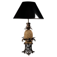 Very Rare Pineapple Lamp on a Wicker Basket with a Bronze Chinoiserie Base