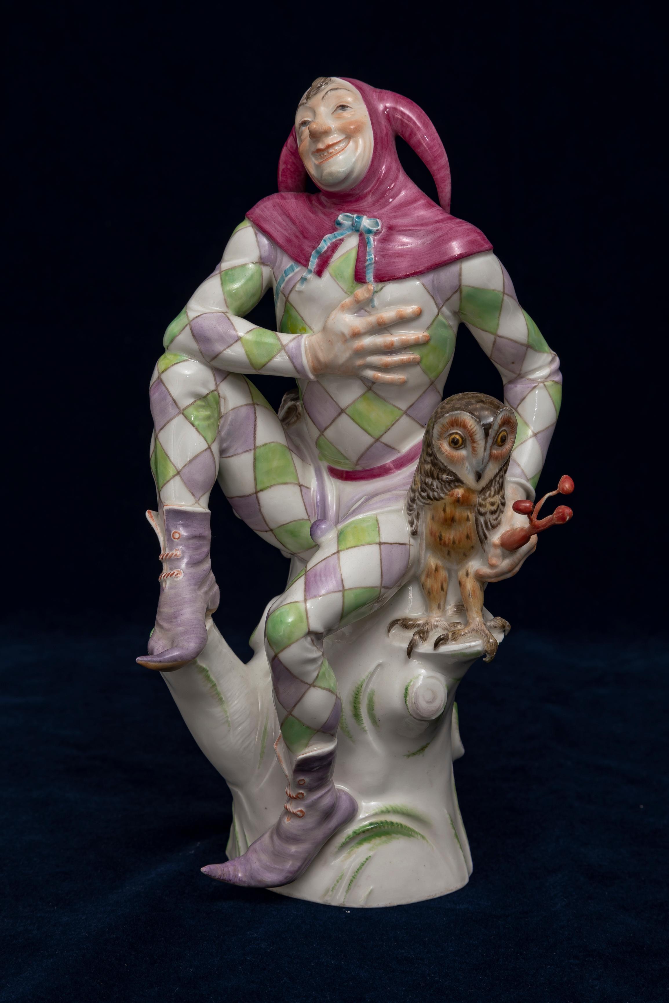 Very rare porcelain Meissen figure of a joker with an owl: German 1928.

A rare and enchanting Meissen porcelain figure titled 