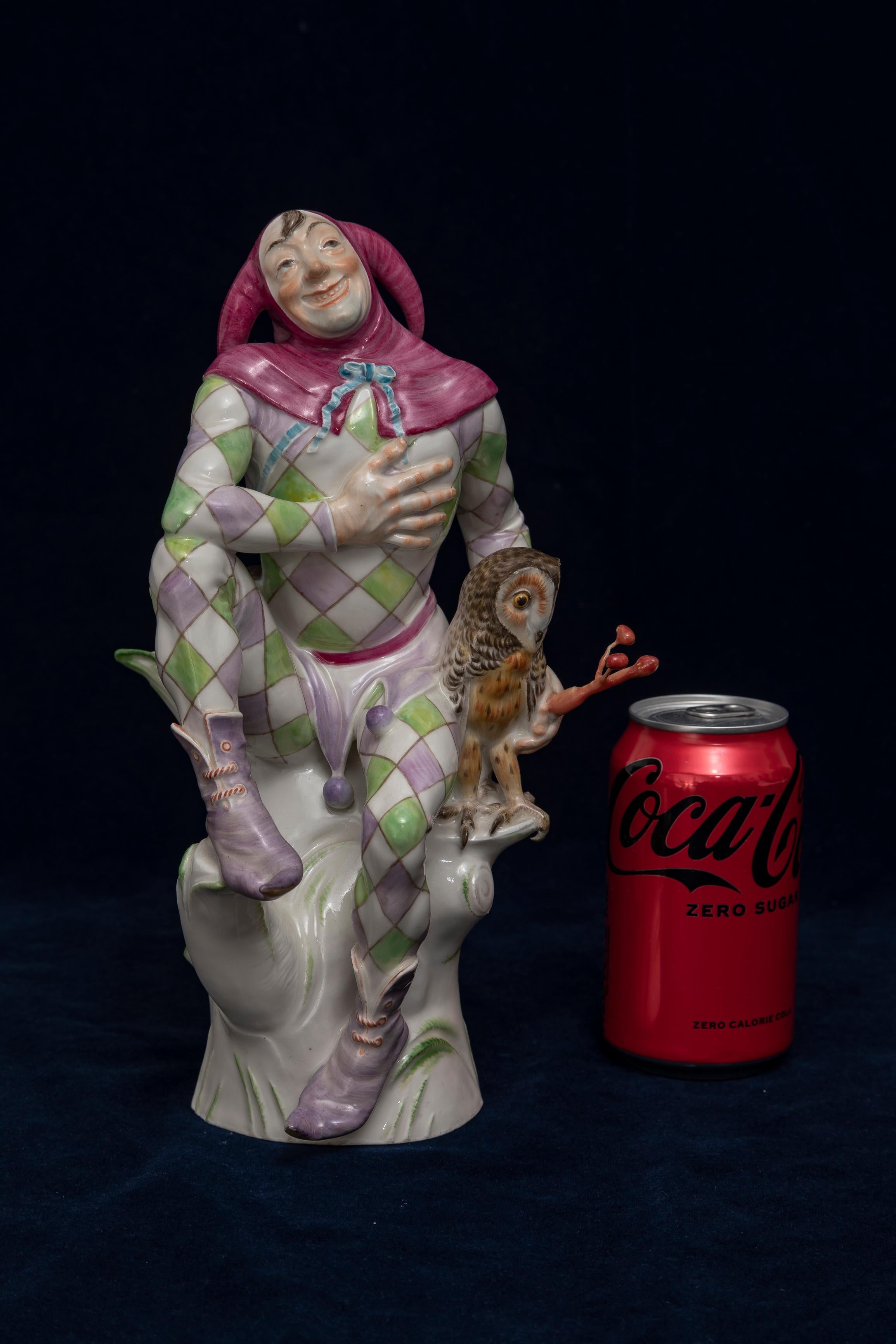 Art Deco Very rare porcelain Meissen figure of a joker with an owl: German 1928.