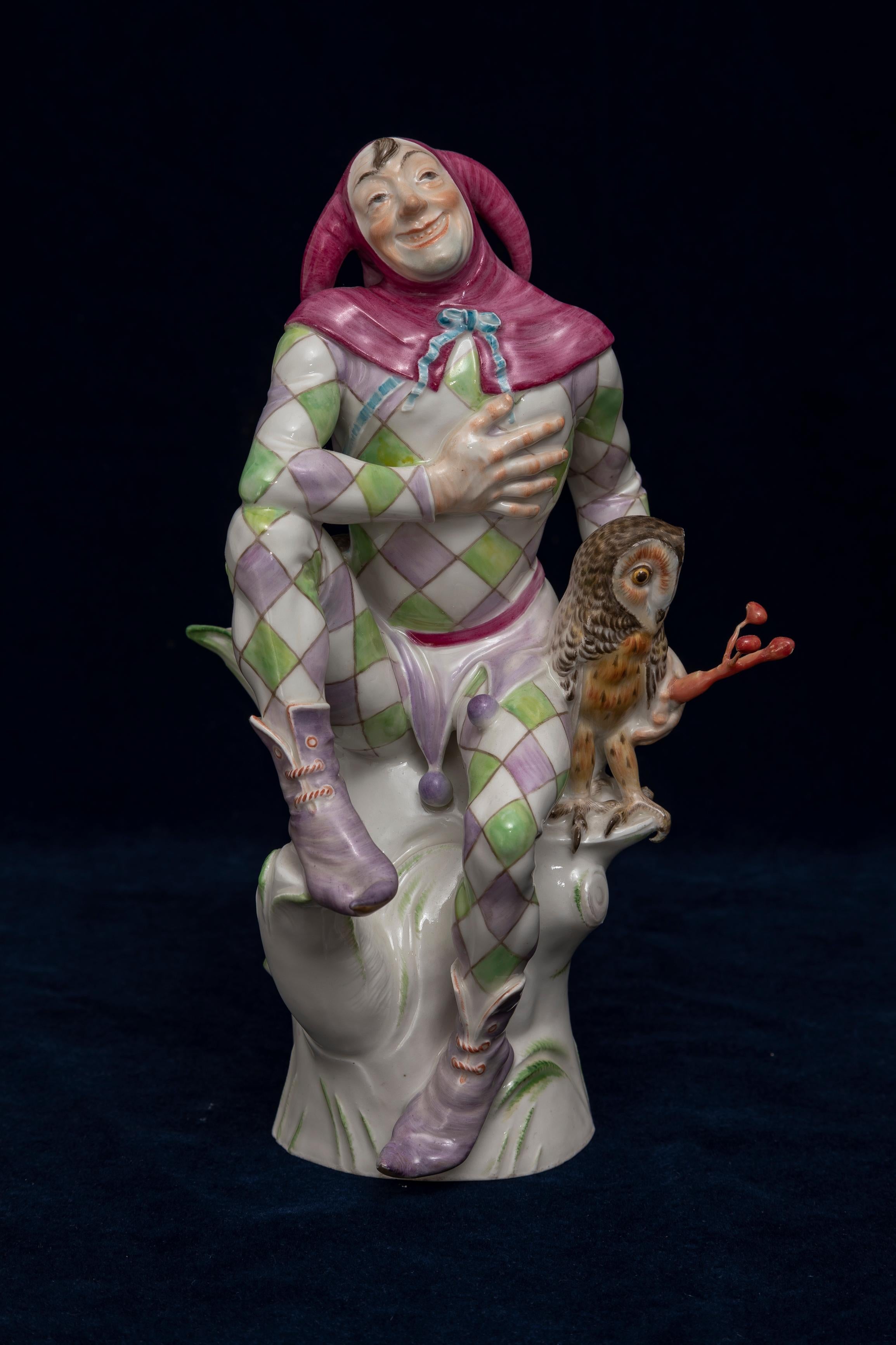 Hand-Crafted Very rare porcelain Meissen figure of a joker with an owl: German 1928.