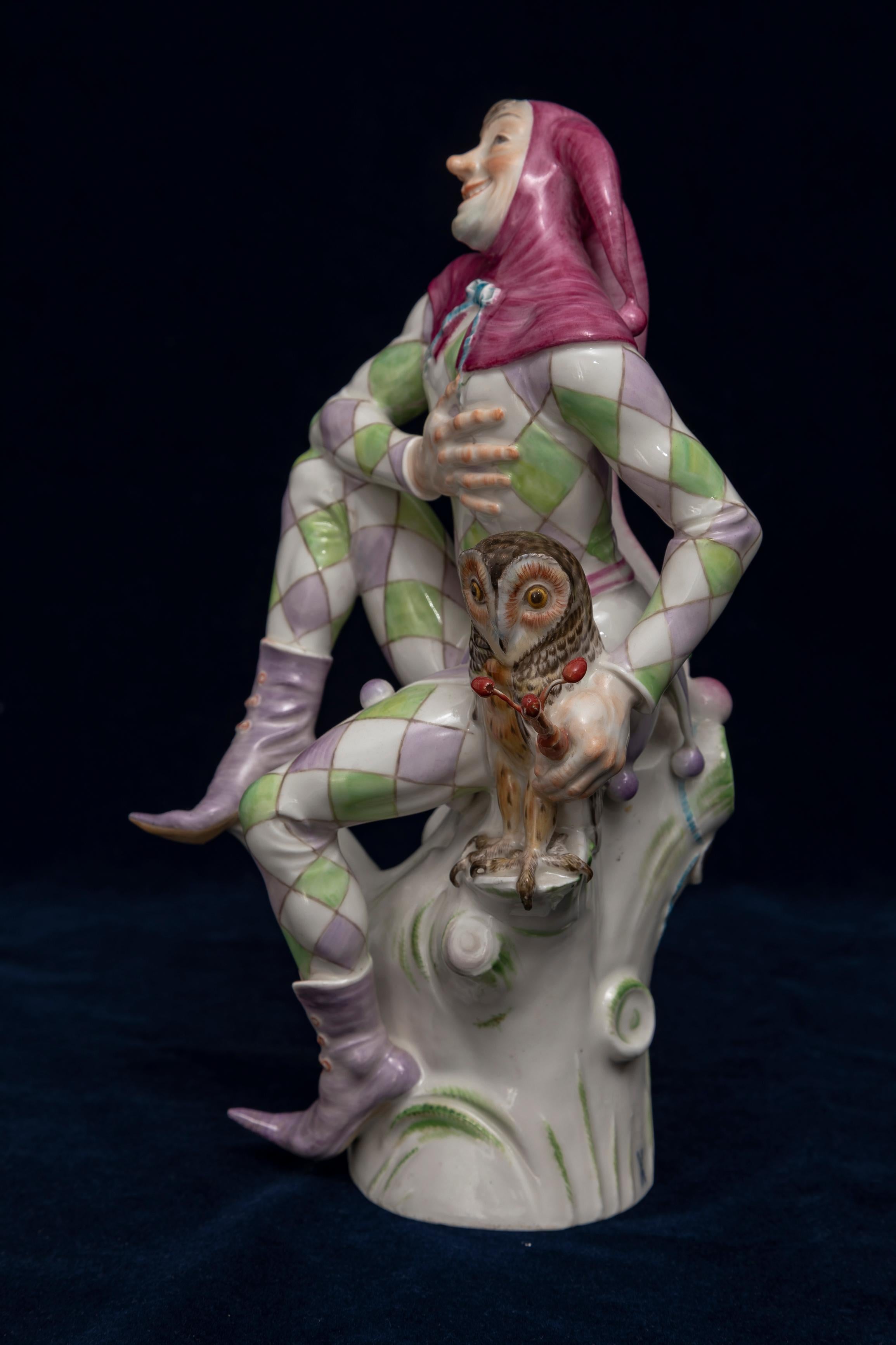 20th Century Very rare porcelain Meissen figure of a joker with an owl: German 1928.