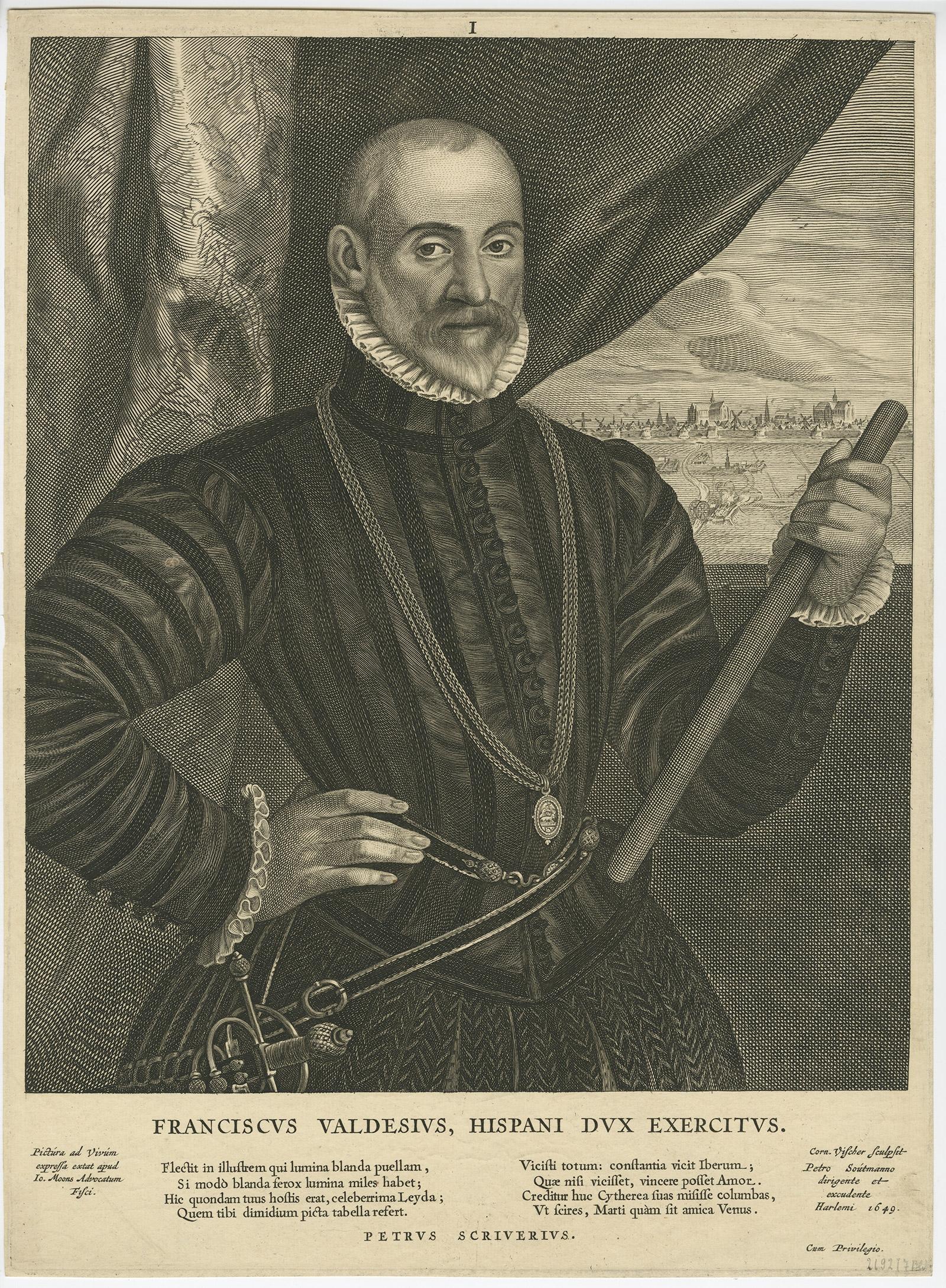 Grabado antiguo, titulado: 'Franciscus Valdesius, Hispani Dux exercitus' - Muy raro retrato de medio cuerpo de Franciscus Valdesius ( Francis Valdez, Valdes o Baldes), impreso en 1649. Franciscus Valdesius (