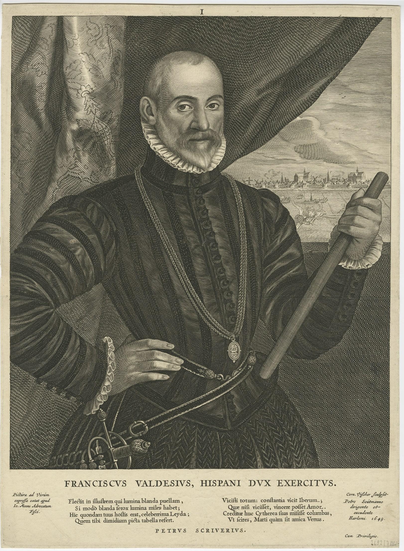 Very Rare Print of Franciscus Valdesius, Commander of the Spanish Troops, 1649 In Good Condition For Sale In Langweer, NL