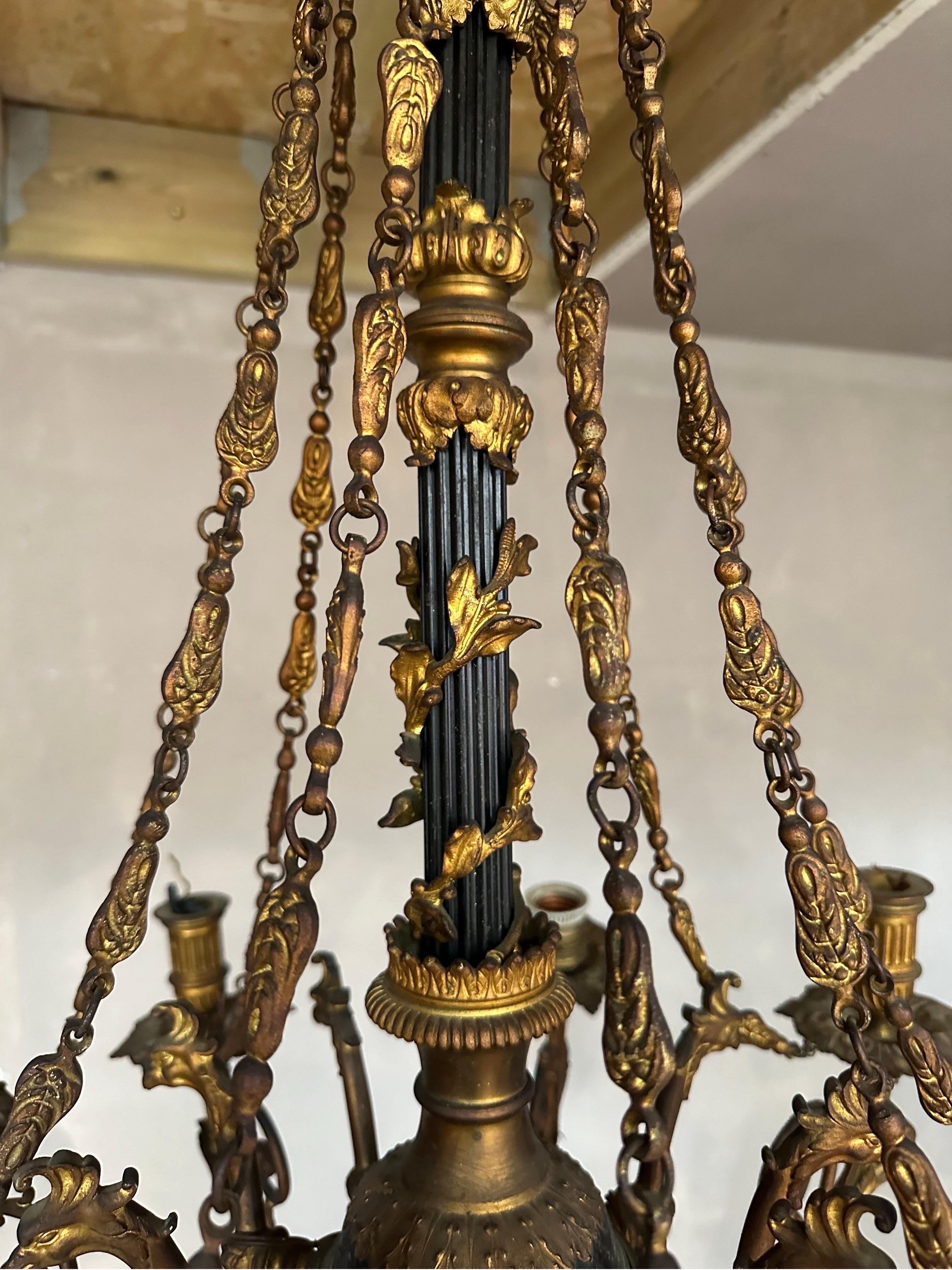 Very rare, provincial, Italian 1840’s bronze and enamel chandelier  In Good Condition For Sale In Worthing, GB