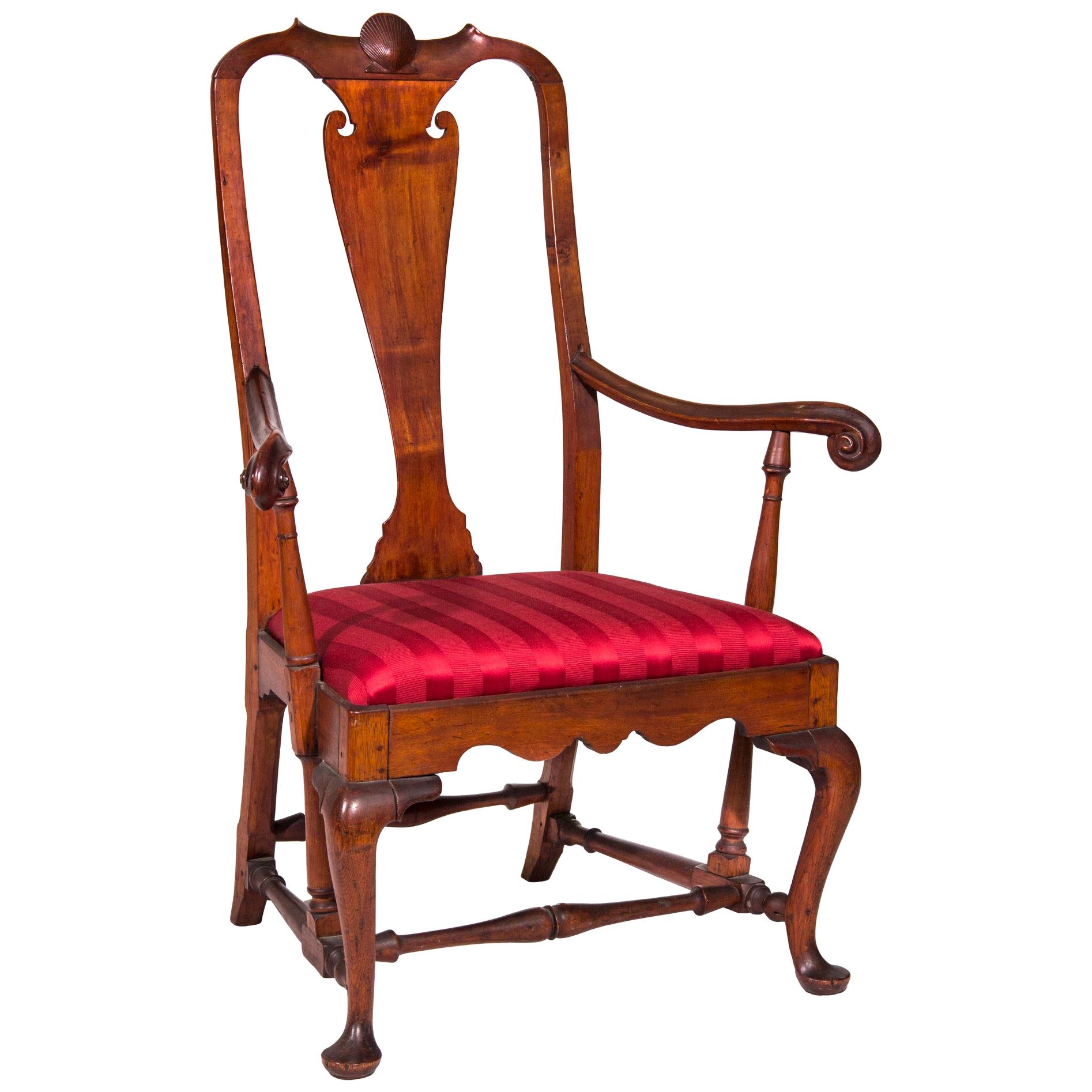 Very Rare Queen Anne Carved Birchwood and Maple Armchair, Rhode Island For Sale