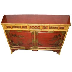 Very Rare Red Japanned and Bamboo Sideboard