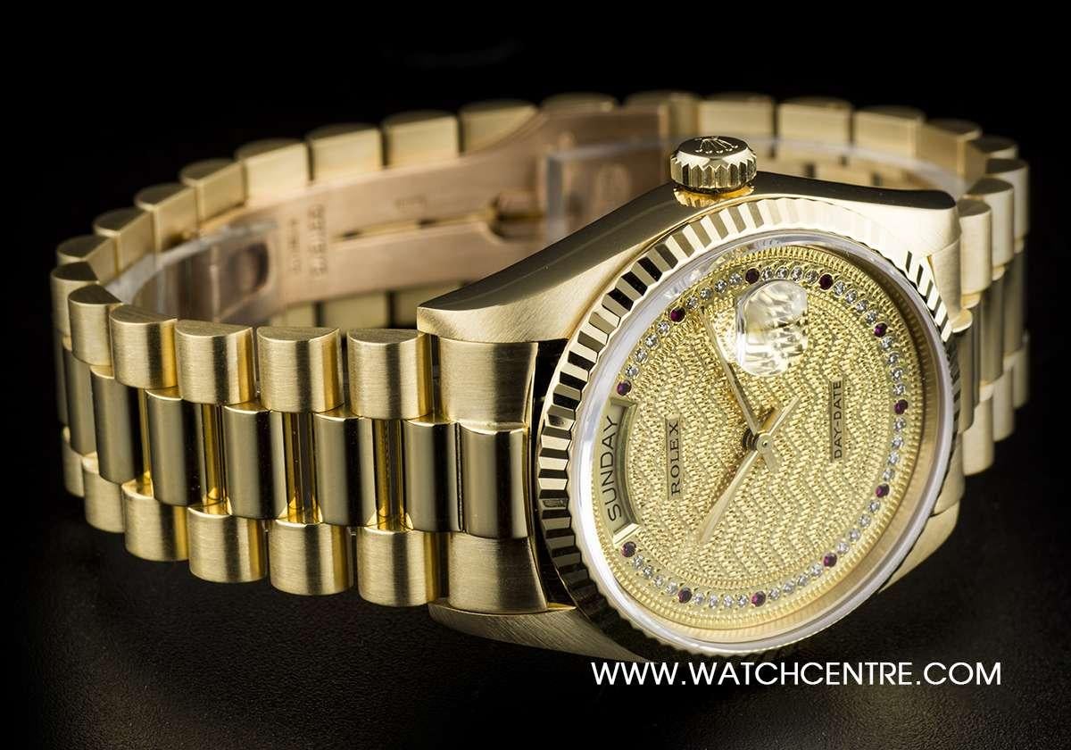 Very Rare Rolex 18 Karat Gold Decorated Diamond and Ruby String Dial Day-Date In Excellent Condition In London, GB
