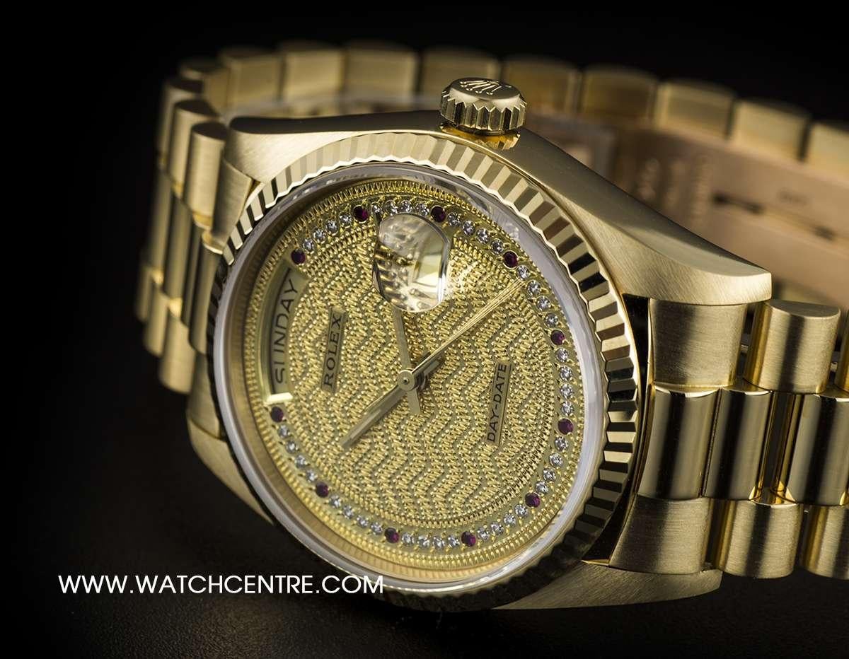 Men's Very Rare Rolex 18 Karat Gold Decorated Diamond and Ruby String Dial Day-Date