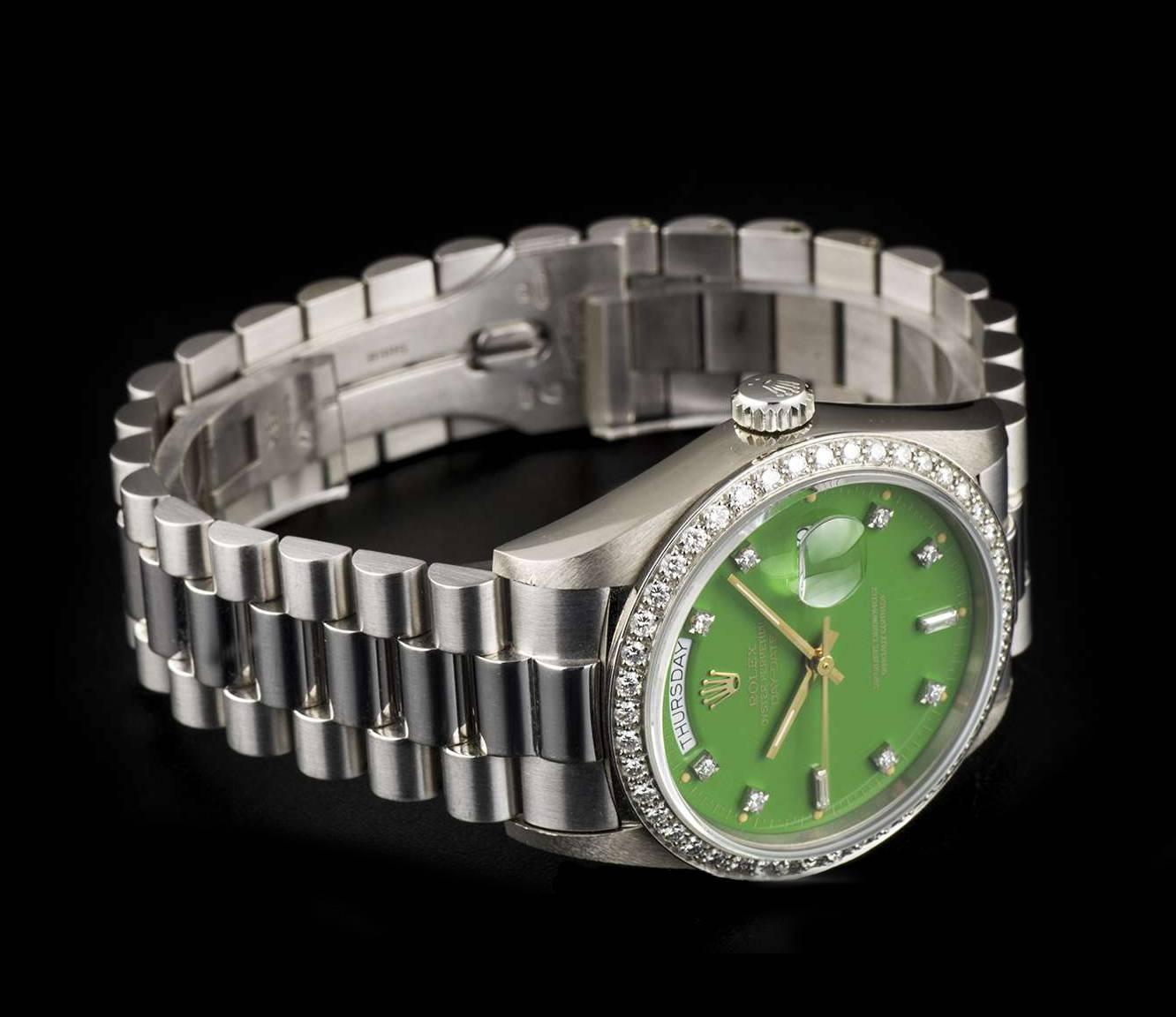 Very Rare Rolex Green Stella Dial Omani Crest Diamond Bezel Oyster Day-Date In Excellent Condition In London, GB