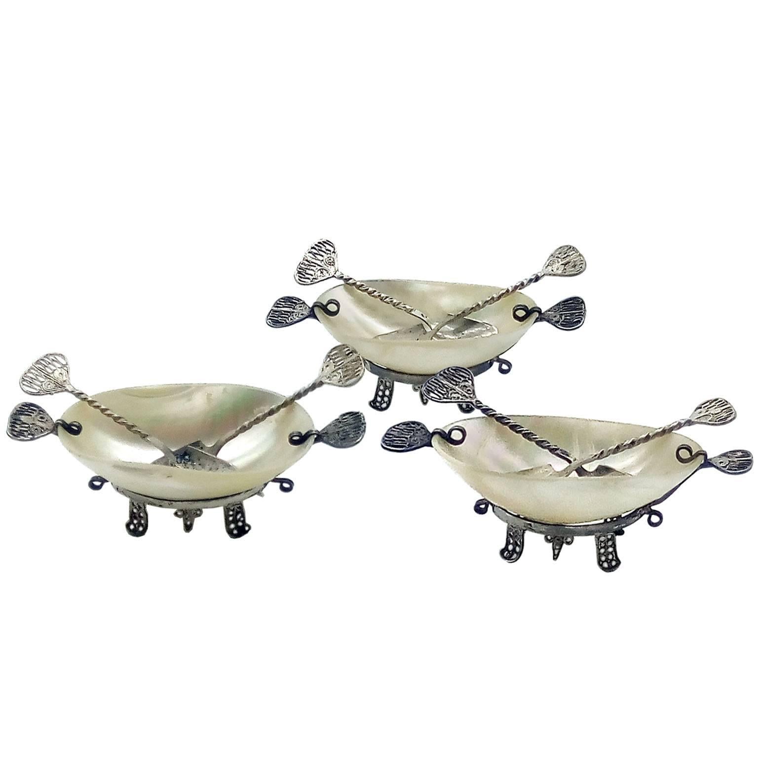 Very Rare Russian Caviar Servers in Mother-of-Pearl and Silver