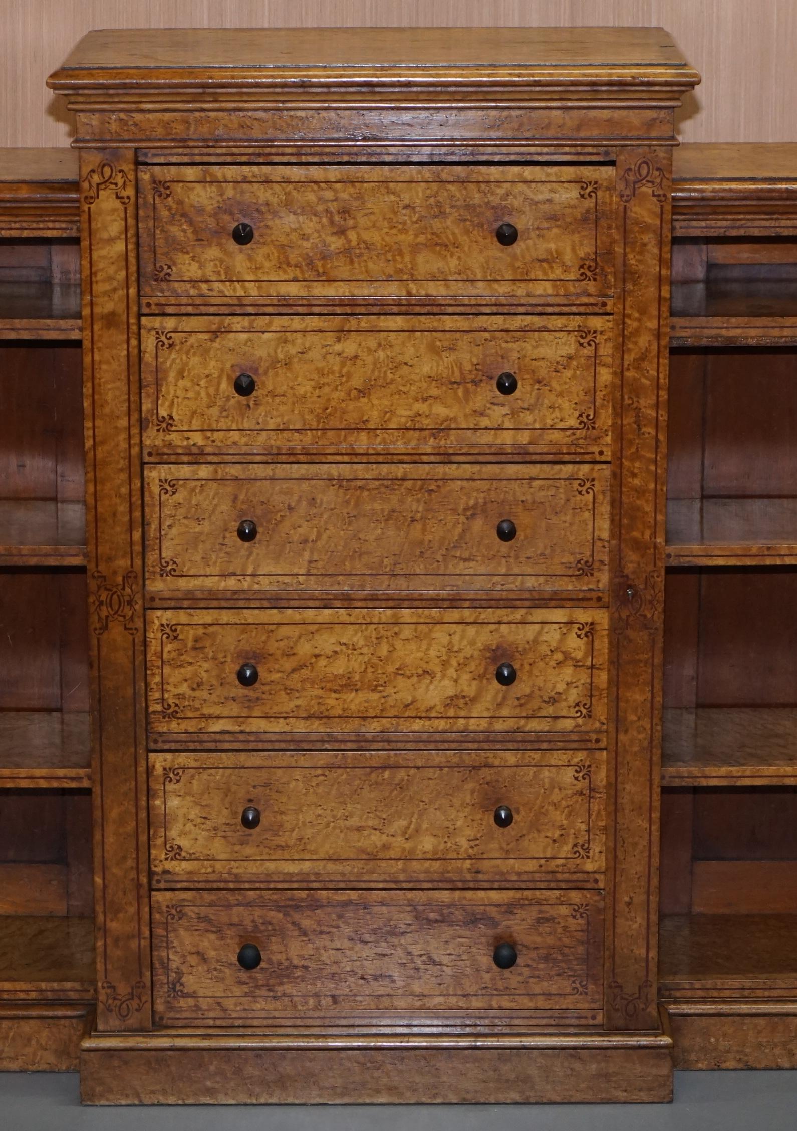 English Very Rare Satinwood & Burr Walnut Victorian Wellington Chest of Drawers Bookcase