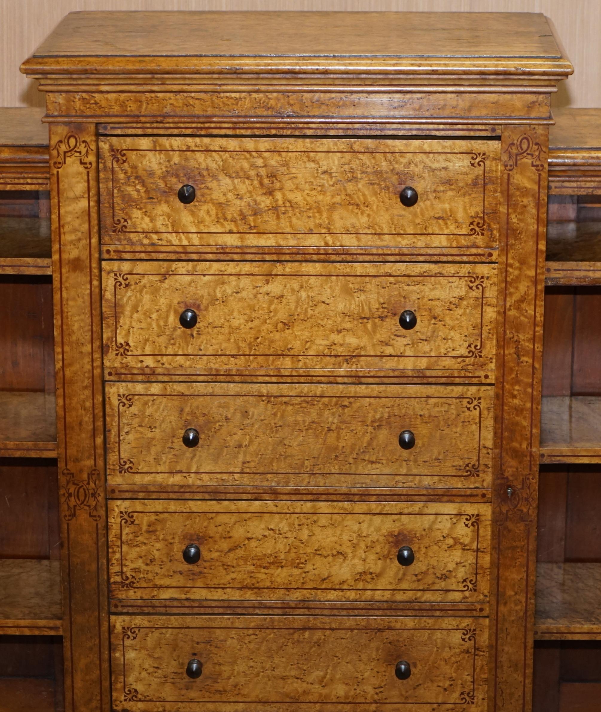 Hand-Crafted Very Rare Satinwood & Burr Walnut Victorian Wellington Chest of Drawers Bookcase