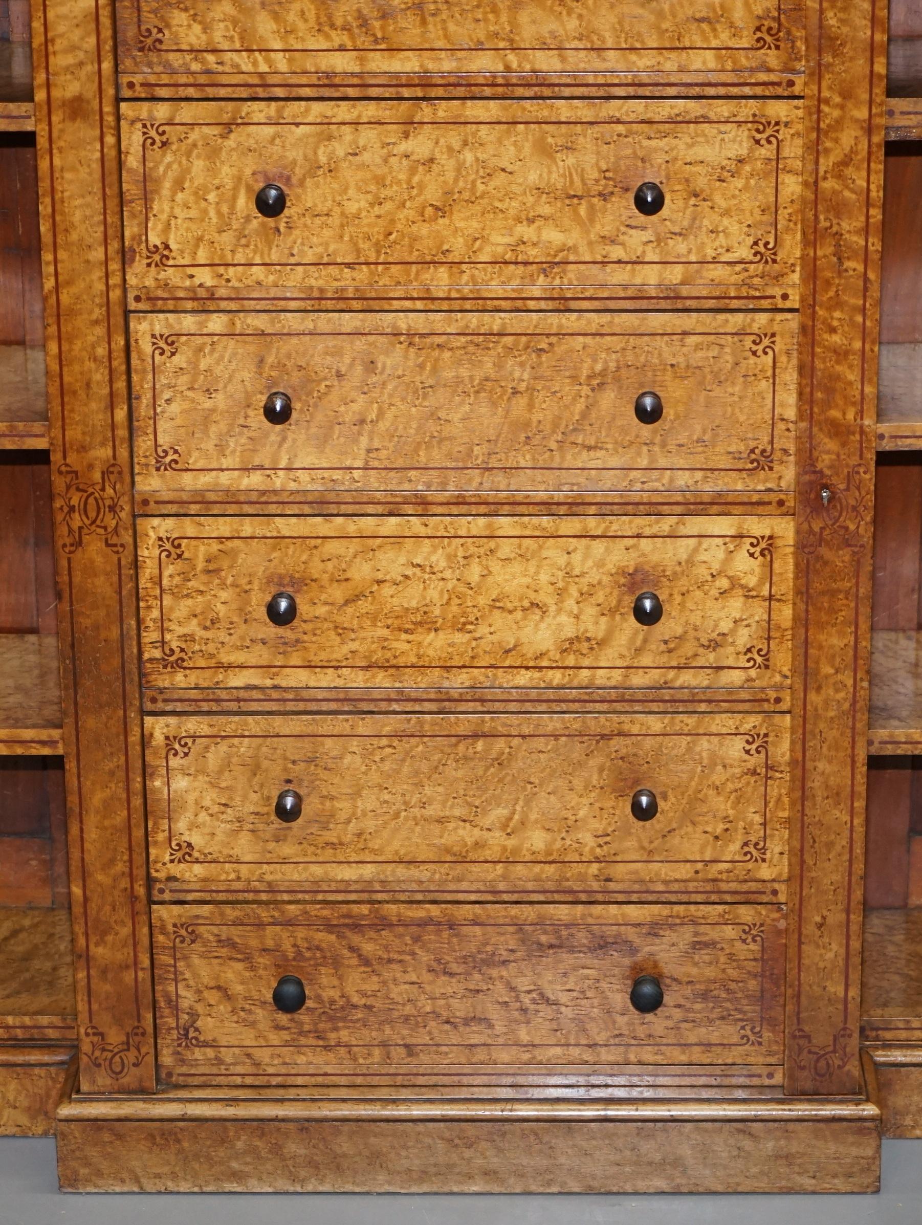 19th Century Very Rare Satinwood & Burr Walnut Victorian Wellington Chest of Drawers Bookcase