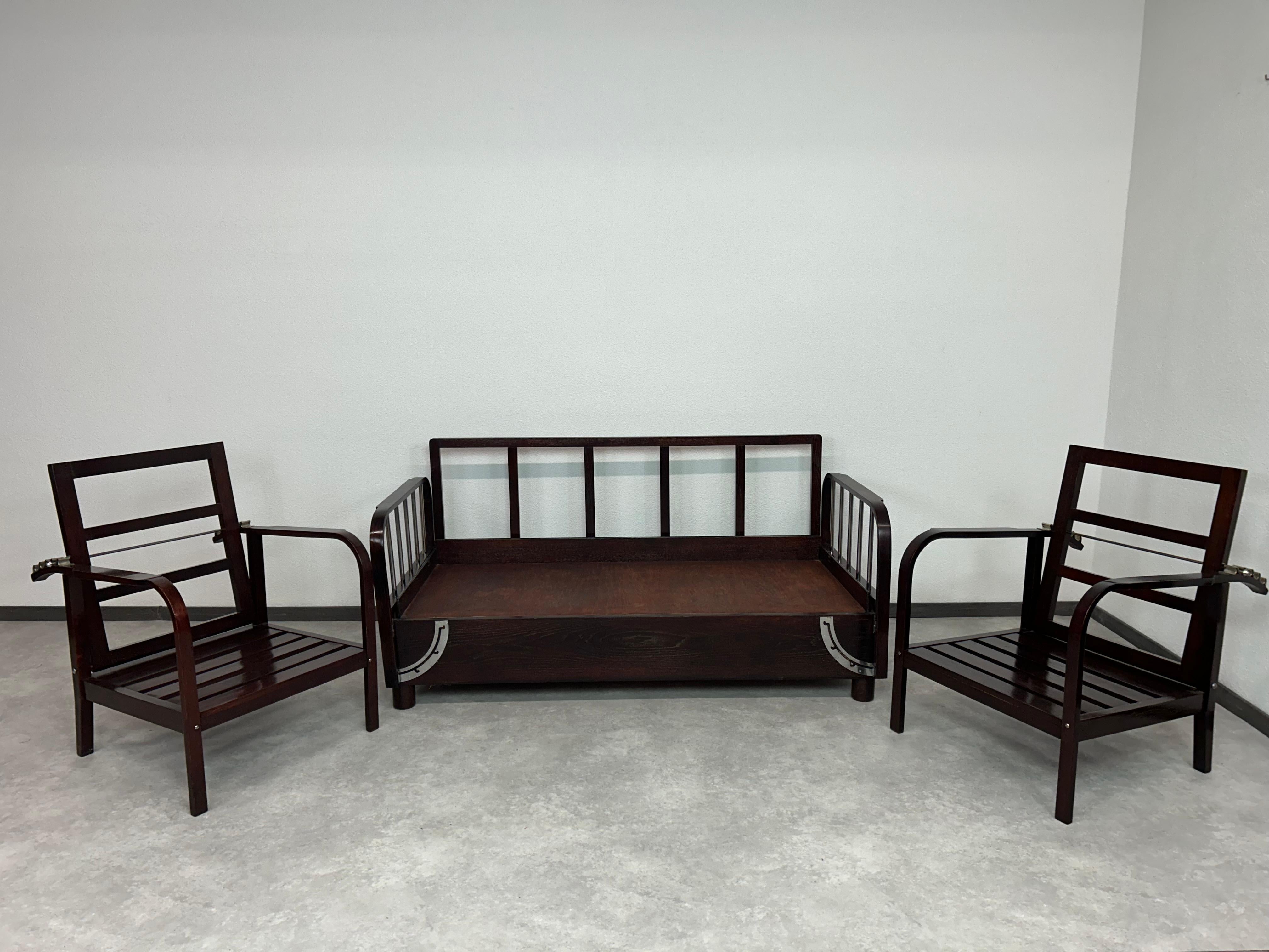 Very rare seating group H-215 by Jindřich Halabala for UP Závody Brno. Professionally stained and repolished. 