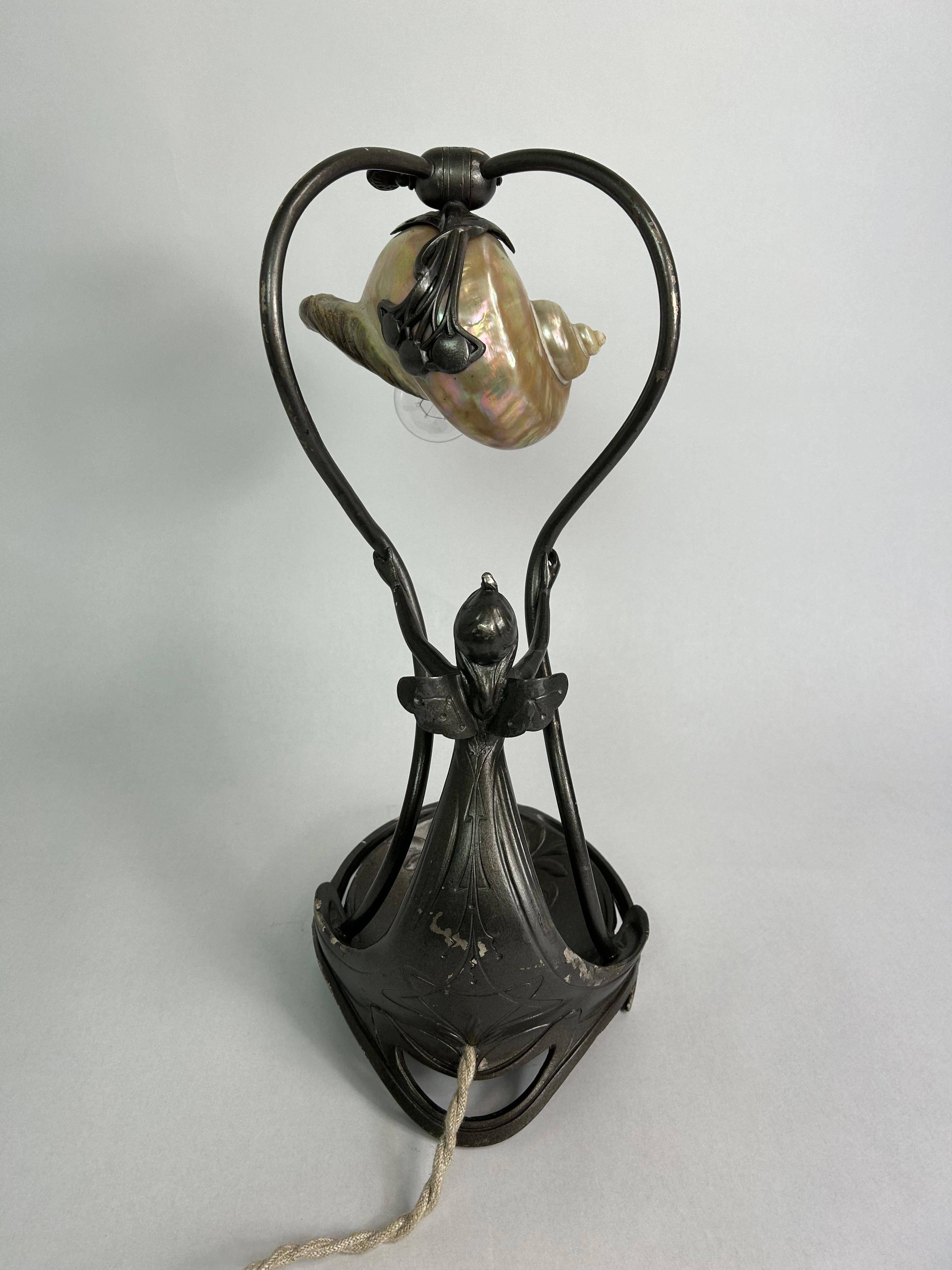 Glass Very rare secession desk lamp Lady holding a shell atr. Gustav Gurschner