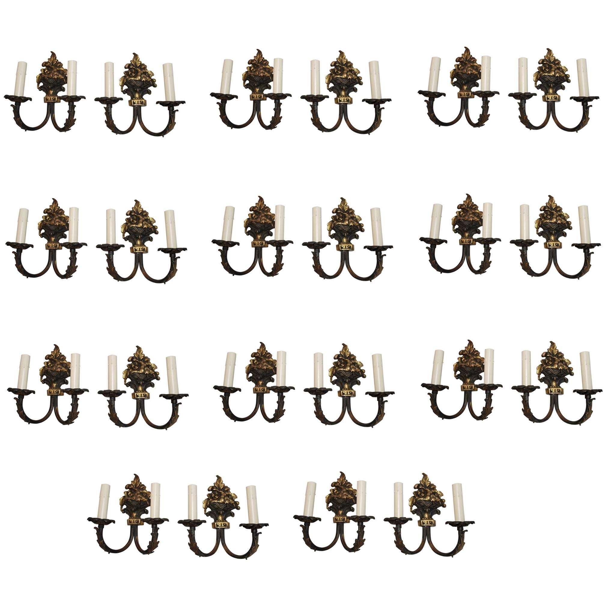 Very Rare Set of 22 French Brass Sconces, 18 Double Arms, Four Single Arm For Sale