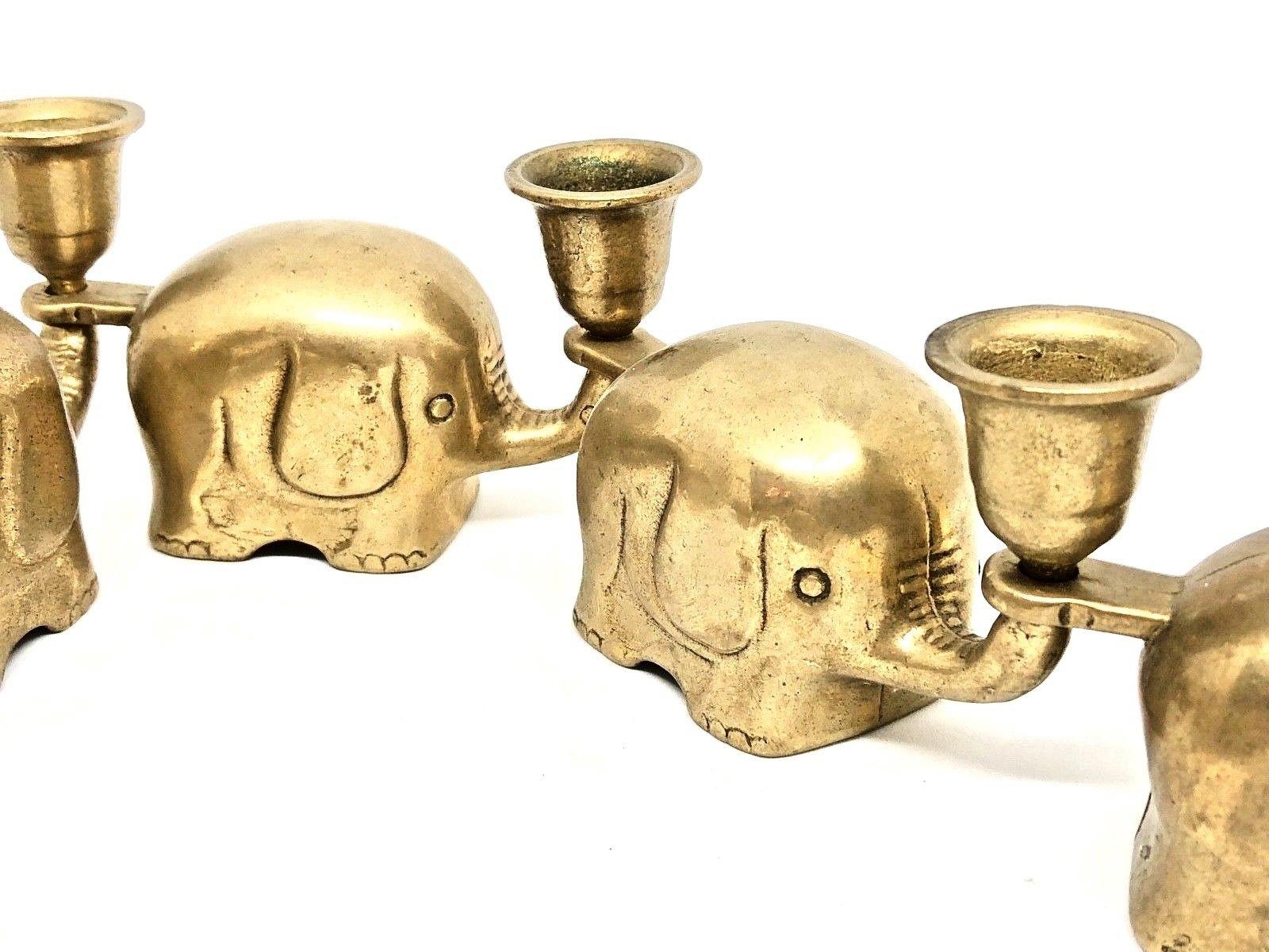 Very Rare Set of Eight Art Deco Brass Candlesticks Candleholders Elephant Herd 5