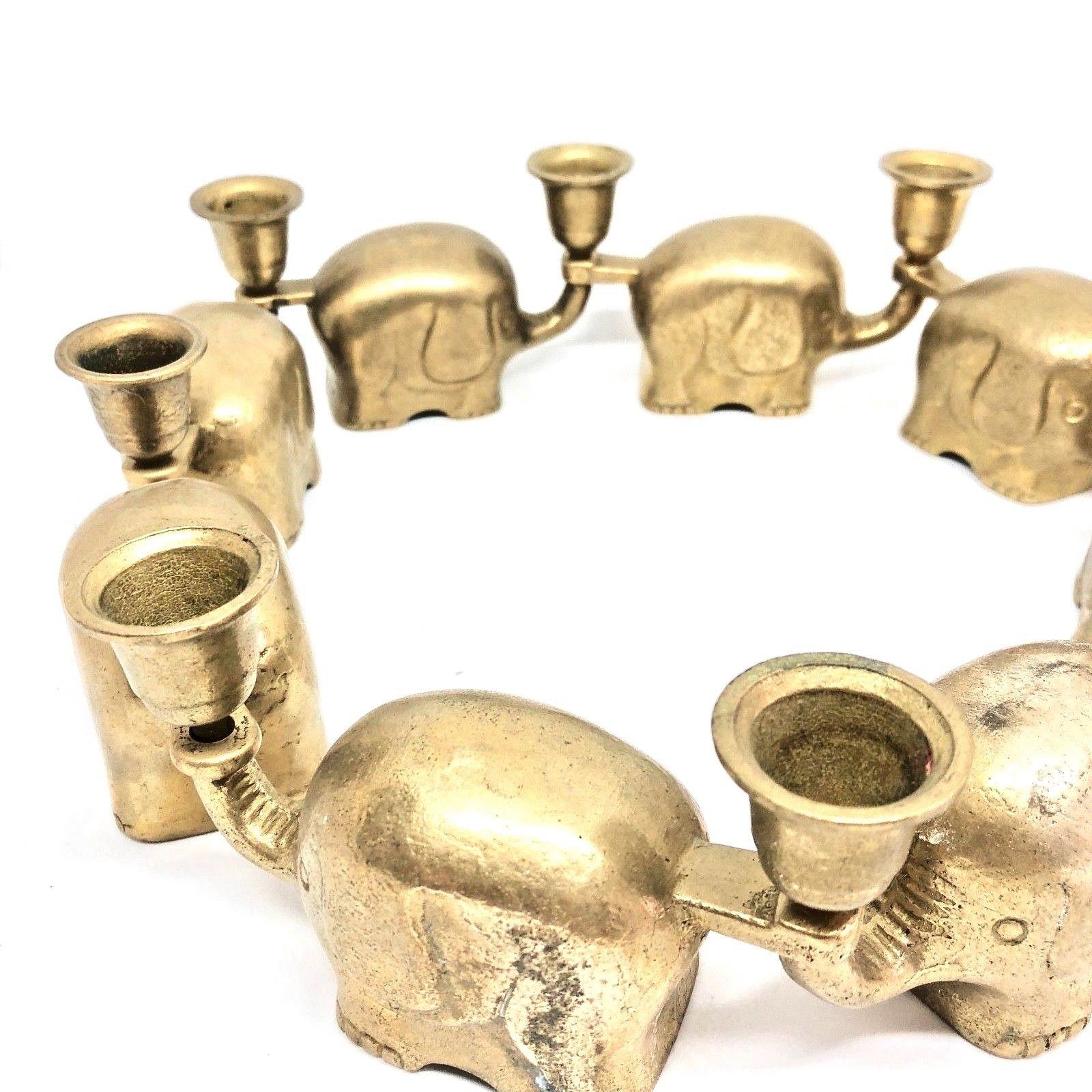 Mid-20th Century Very Rare Set of Eight Art Deco Brass Candlesticks Candleholders Elephant Herd