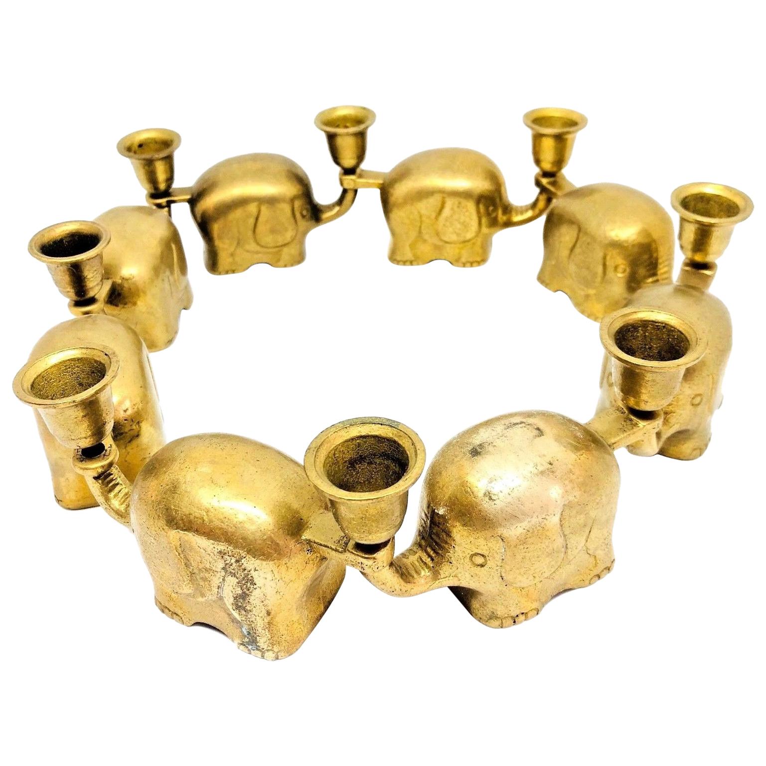 Very Rare Set of Eight Art Deco Brass Candlesticks Candleholders Elephant Herd