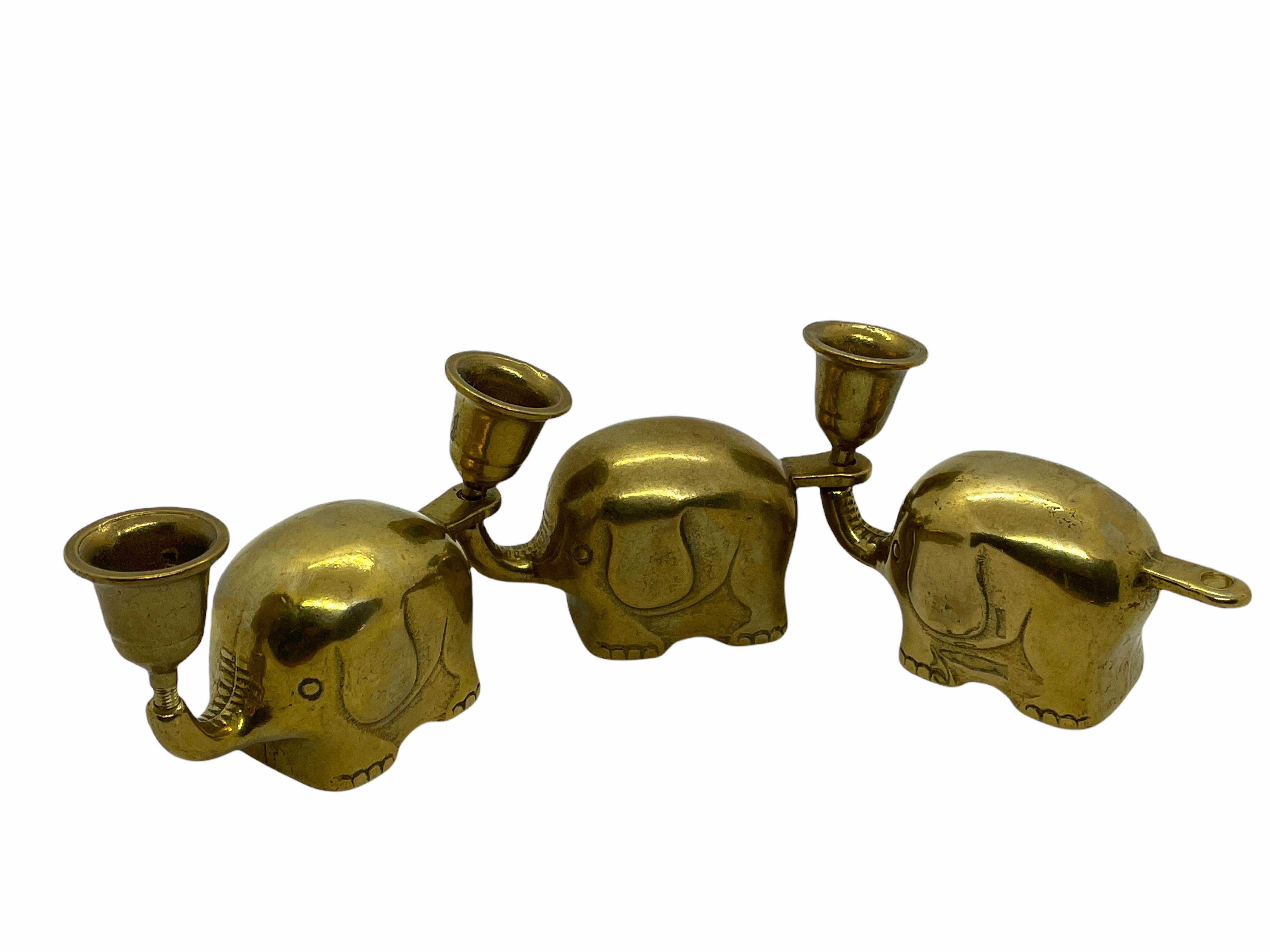 Very Rare Set of Fifteen Art Deco Brass Candlesticks Candleholders Elephant Herd 12