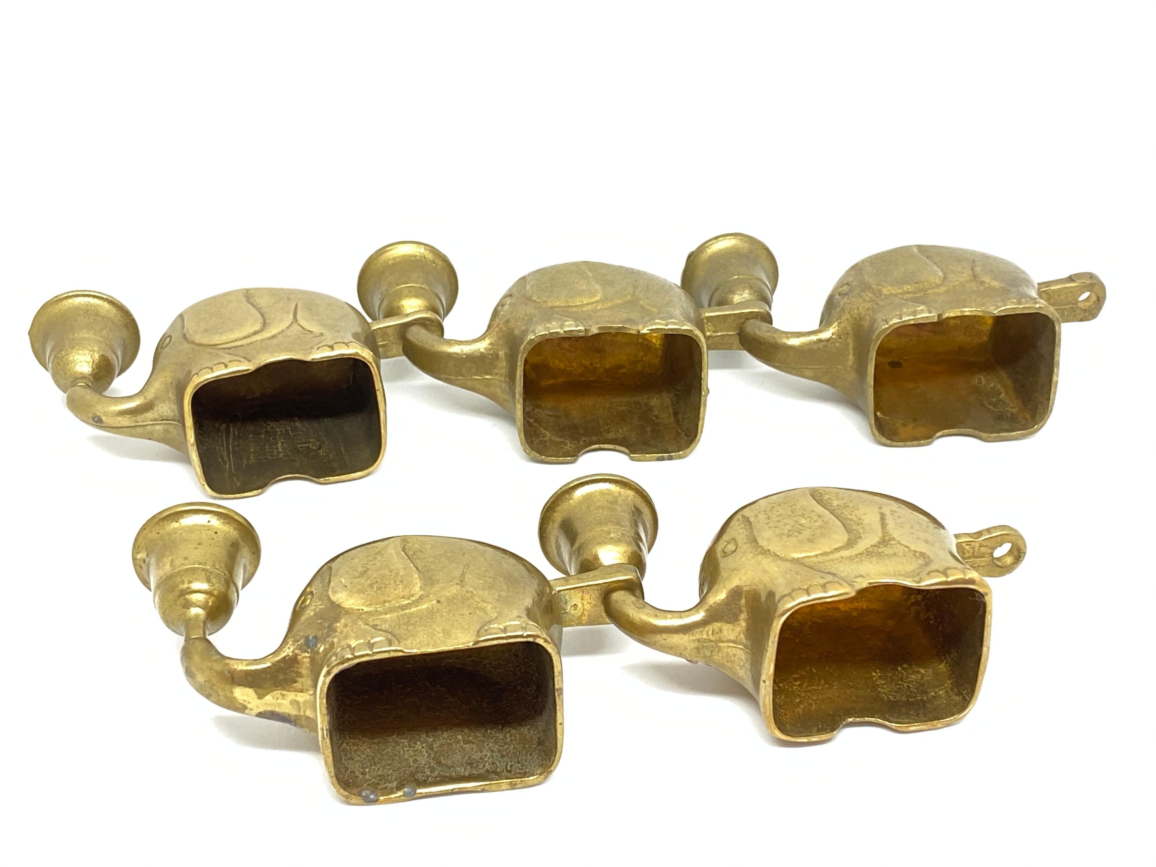 Very Rare Set of Five Art Deco Brass Candlesticks Candleholders Elephant Herd 3