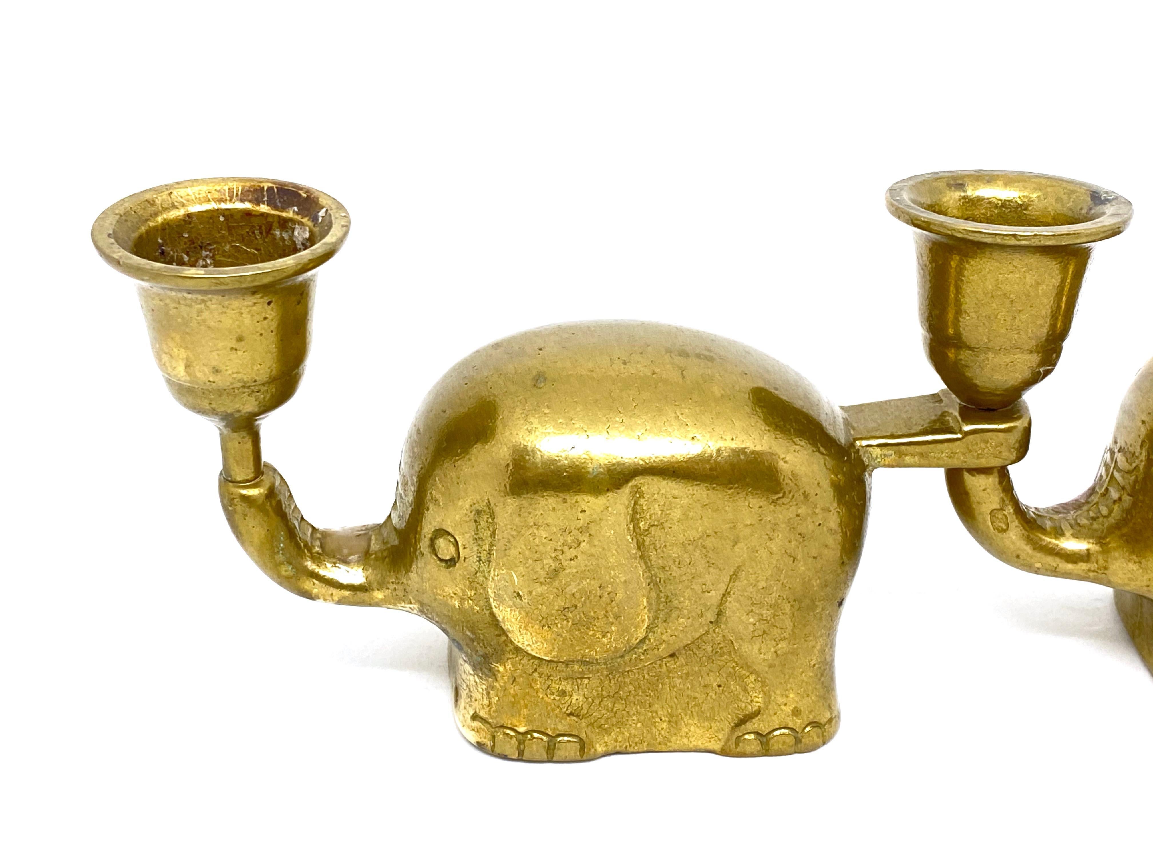 German Very Rare Set of Five Art Deco Brass Candlesticks Candleholders Elephant Herd