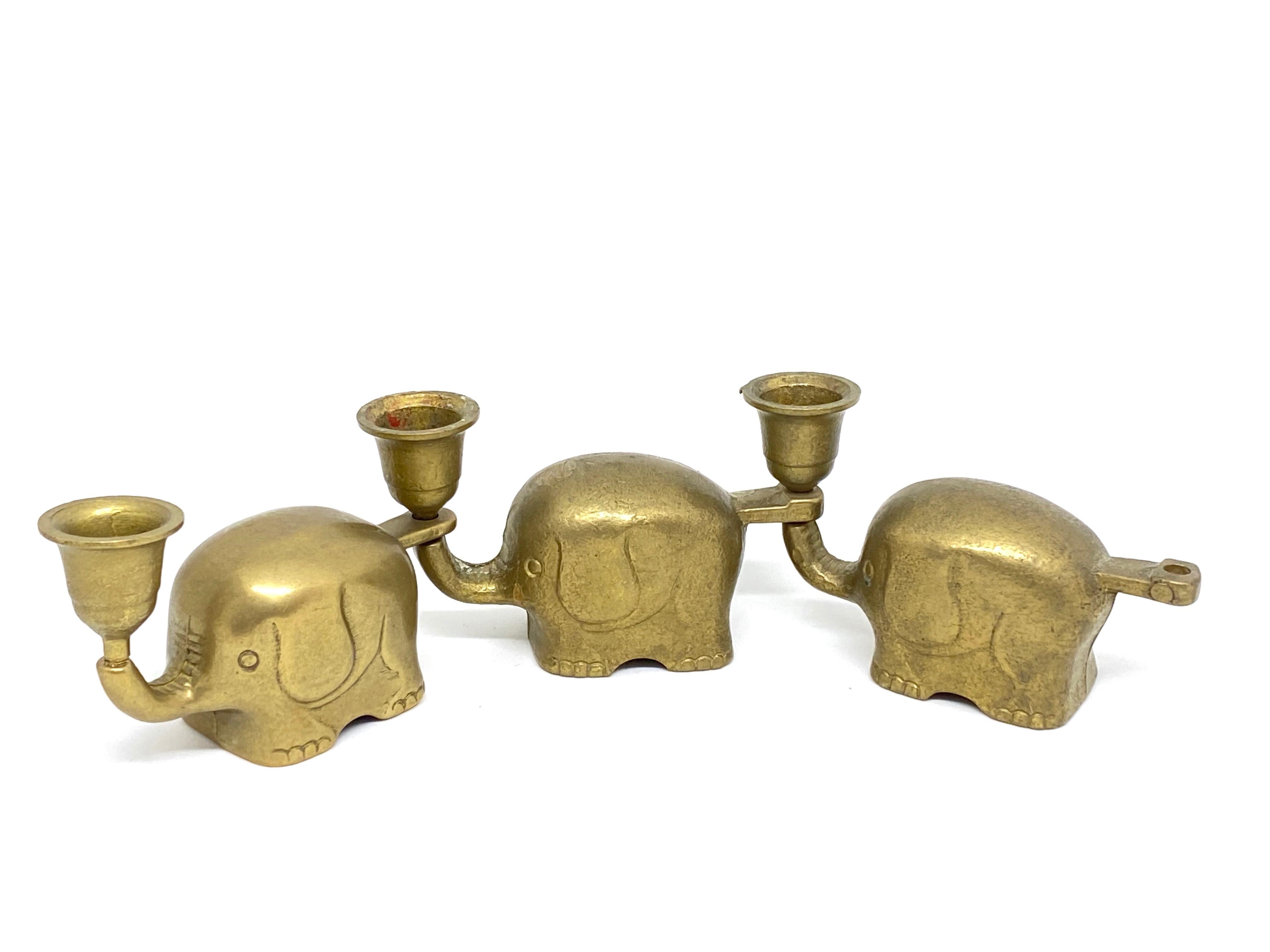 Mid-20th Century Very Rare Set of Five Art Deco Brass Candlesticks Candleholders Elephant Herd