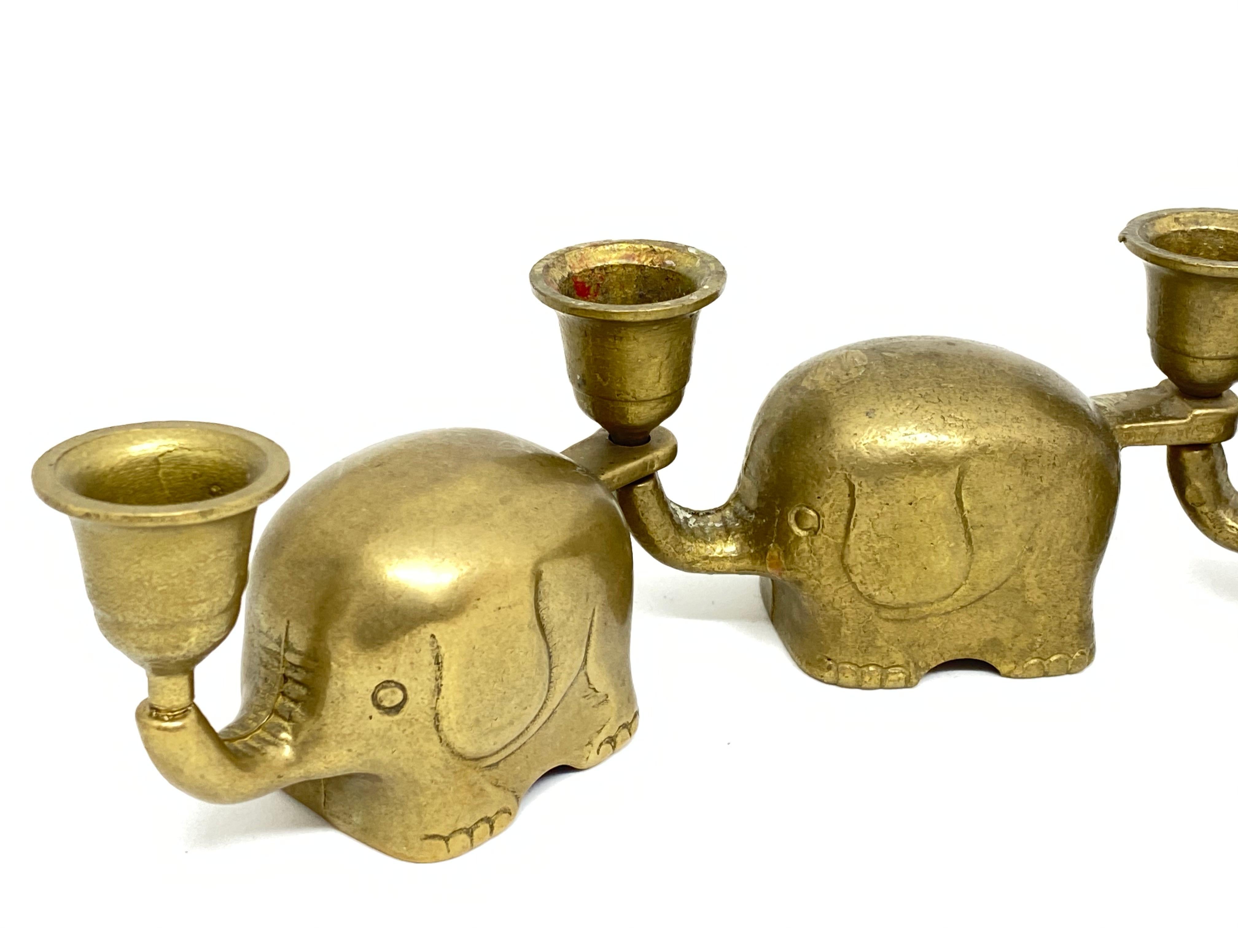 Very Rare Set of Five Art Deco Brass Candlesticks Candleholders Elephant Herd 1