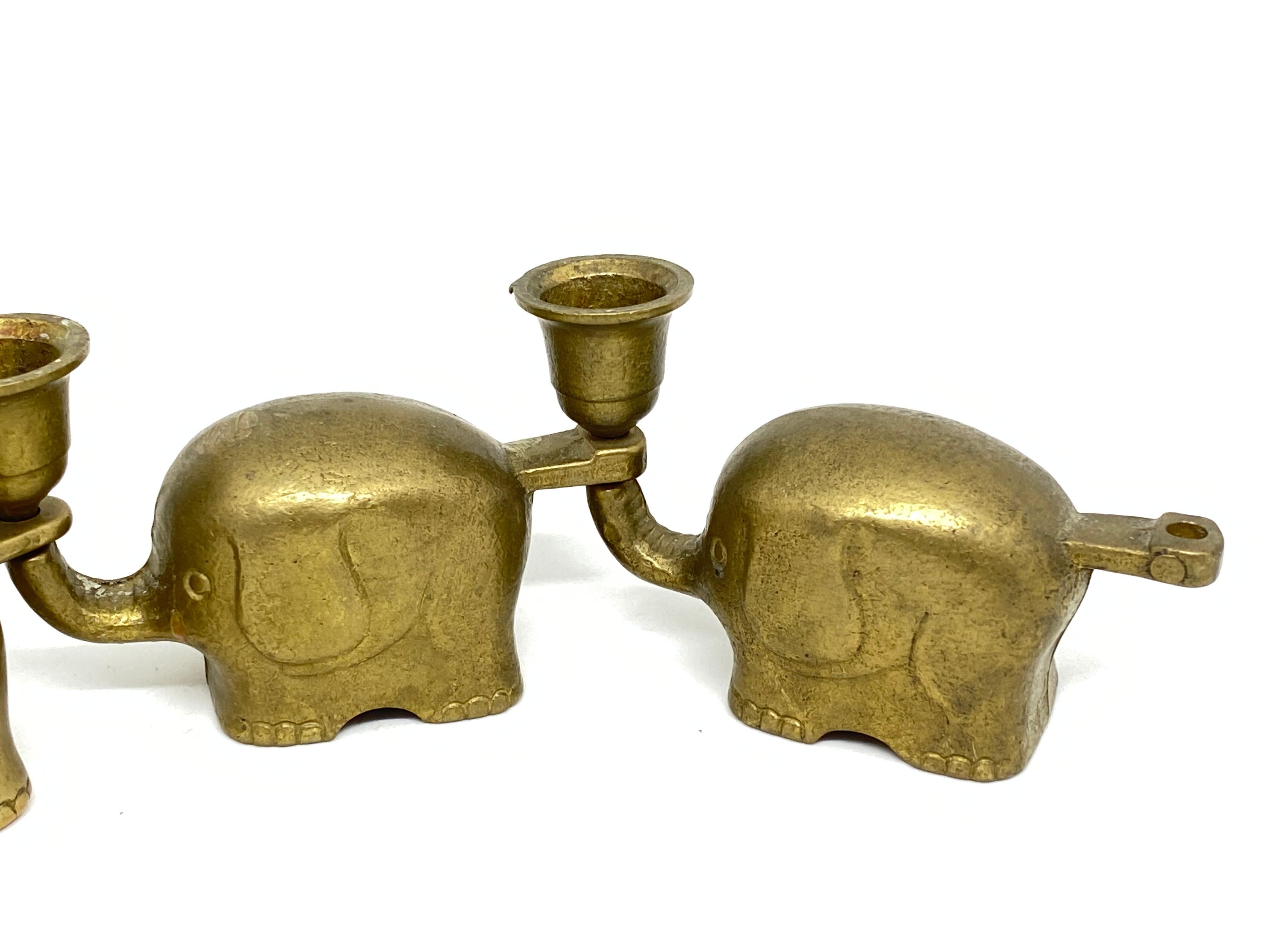 Very Rare Set of Five Art Deco Brass Candlesticks Candleholders Elephant Herd 2
