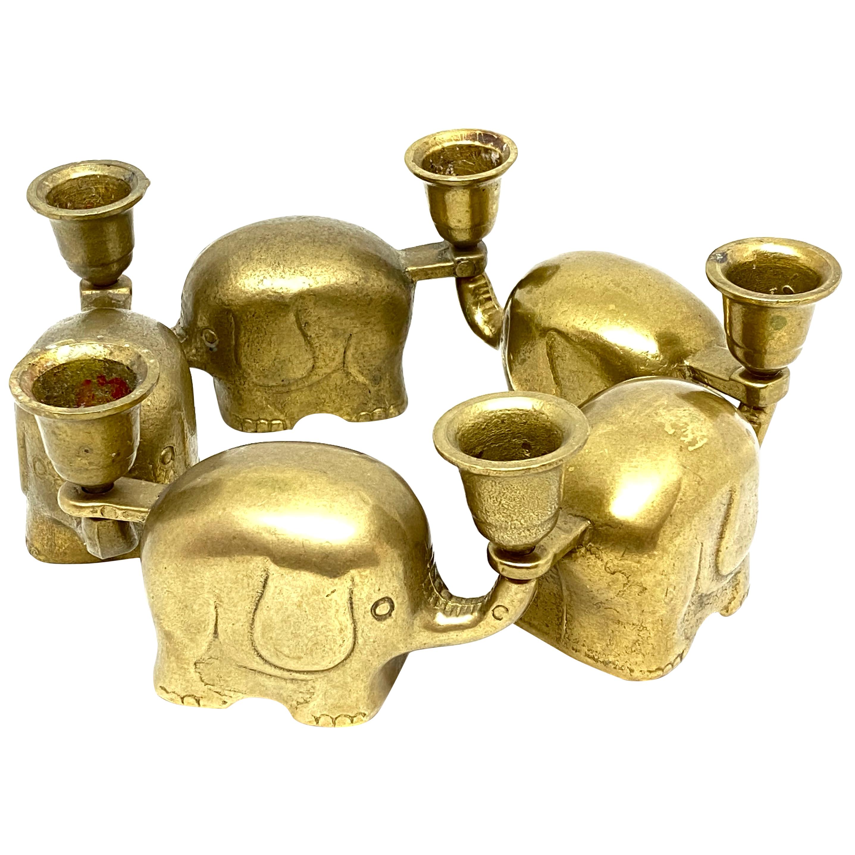 Very Rare Set of Five Art Deco Brass Candlesticks Candleholders Elephant Herd